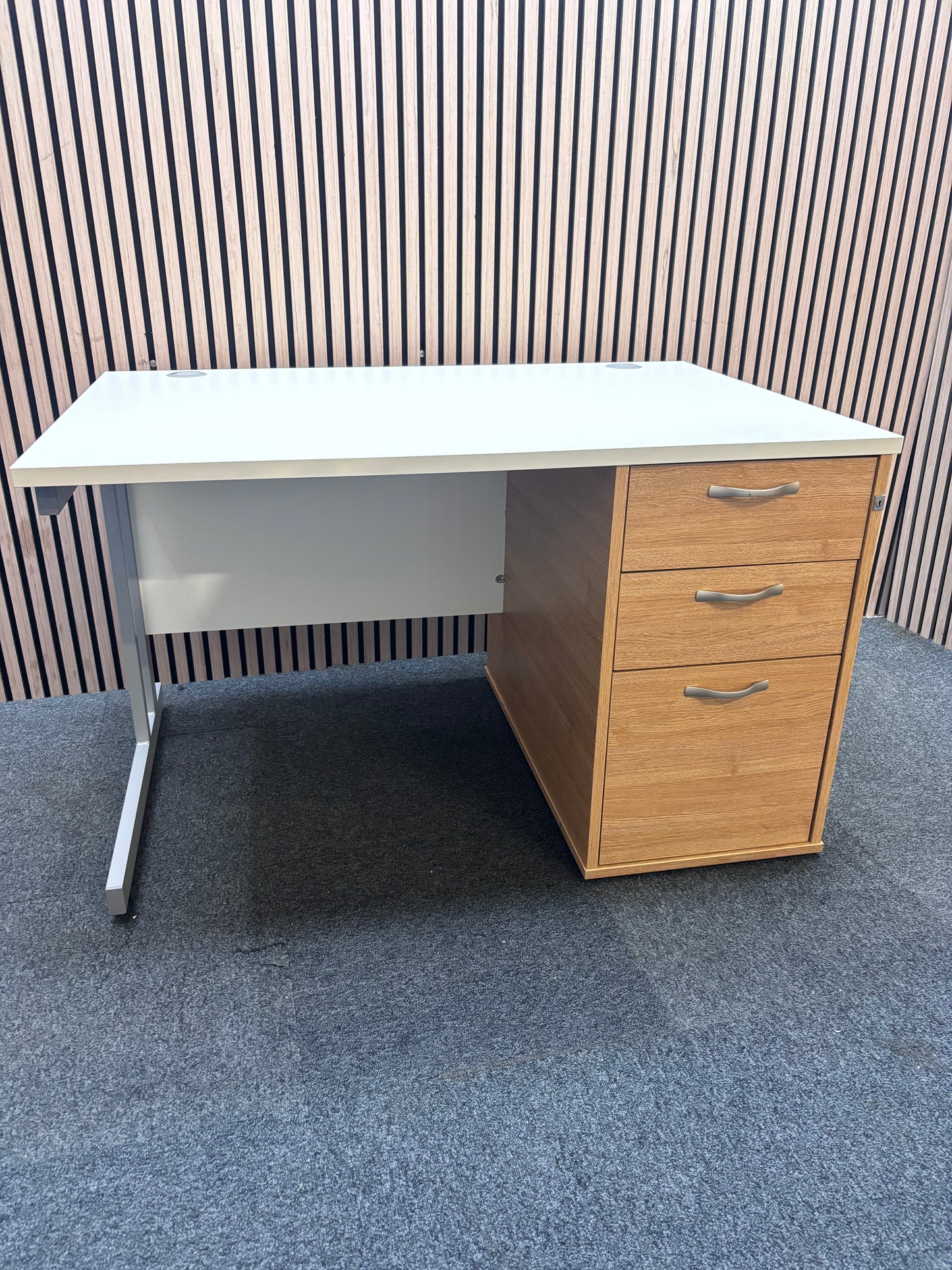 New White 1200 x 800 top with oak desk high pedestal - price Inc 23% VAT