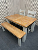 Extending dining table with oak top and grey painted legs (L 140 - 180 x W 90 cm) with 2 no. dining chairs and matching bench seat  44806