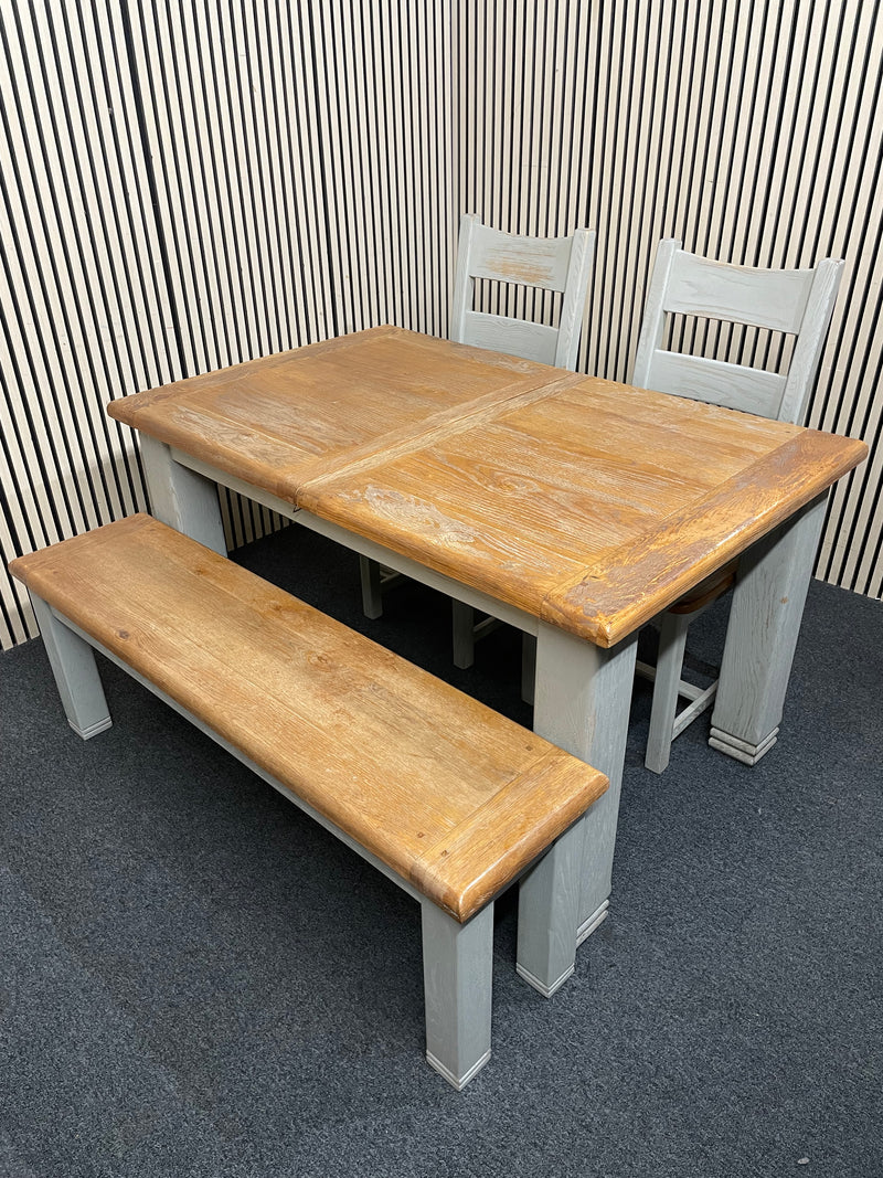 Extending dining table with oak top and grey painted legs (L 140 - 180 x W 90 cm) with 2 no. dining chairs and matching bench seat  44806