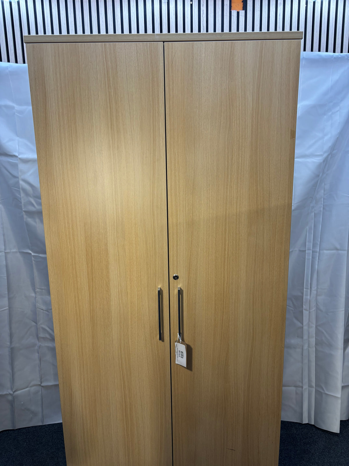 Tall 2 door storage unit with internal shelves in white oak laminate 200Hx100Wx50D  J3914