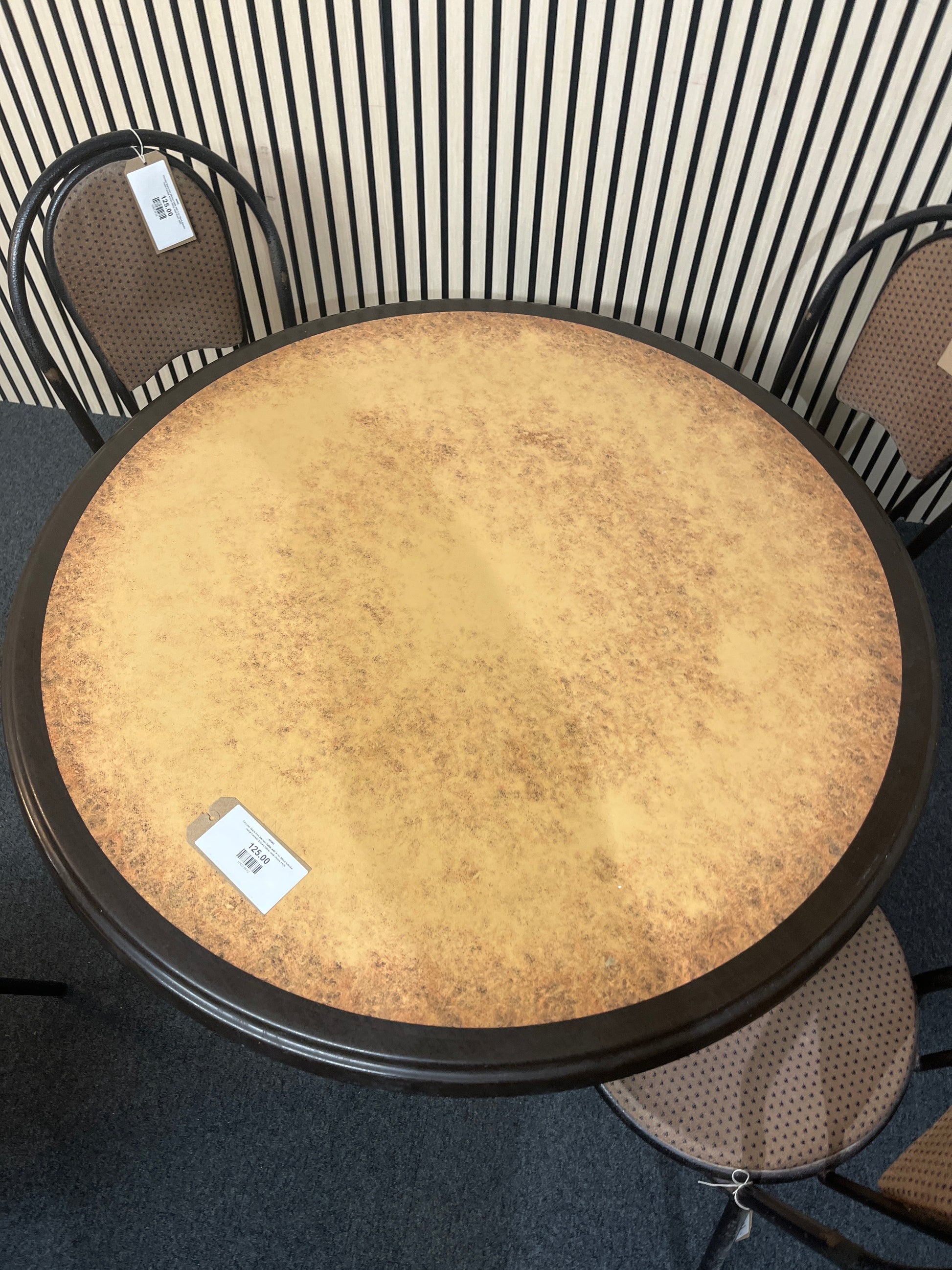 Circular black trim kitchen table with 4 no. black tubular metal framed, brown fabric seat chairs 1425