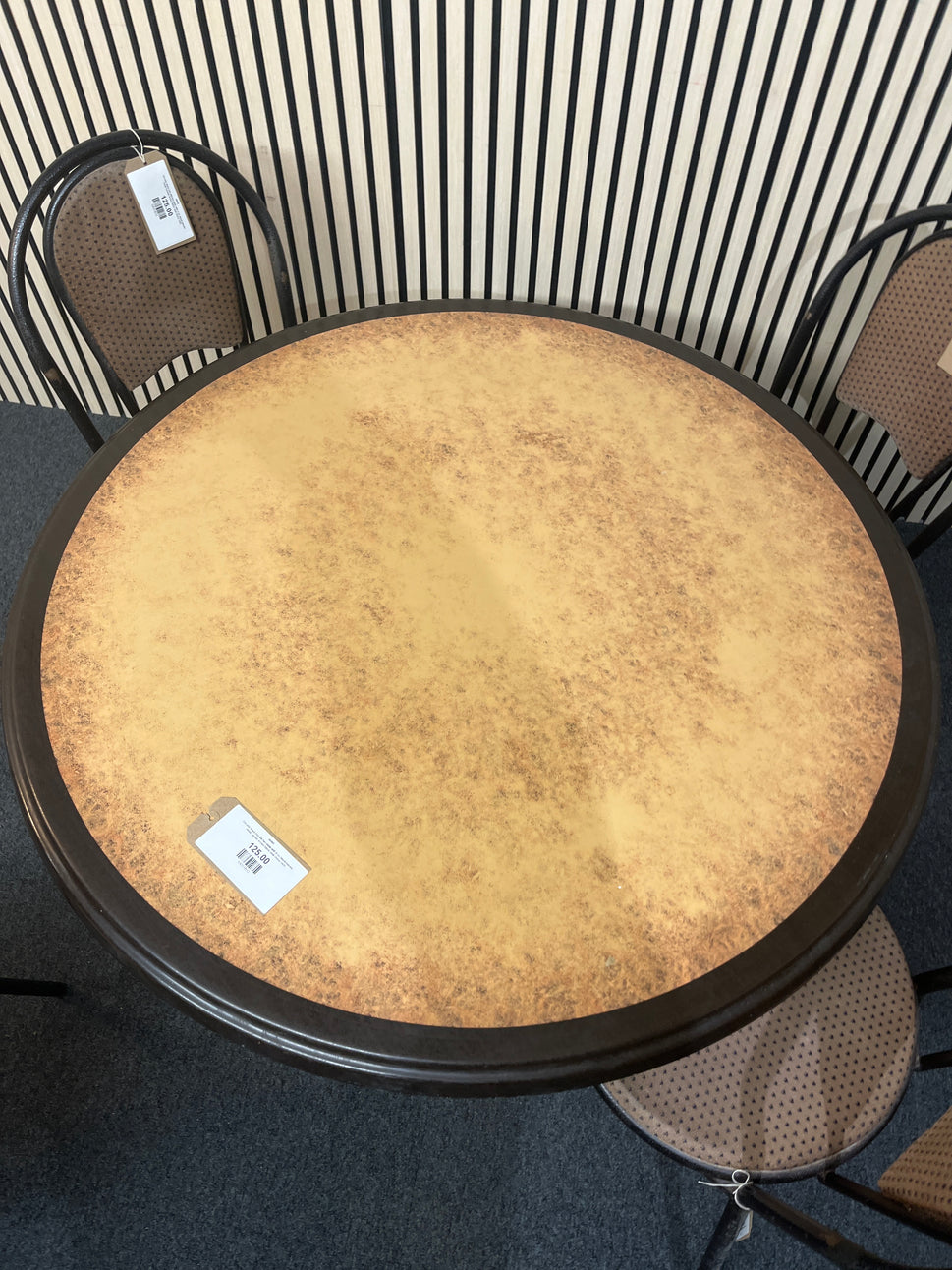 Circular black trim kitchen table with 4 no. black tubular metal framed, brown fabric seat chairs 1425