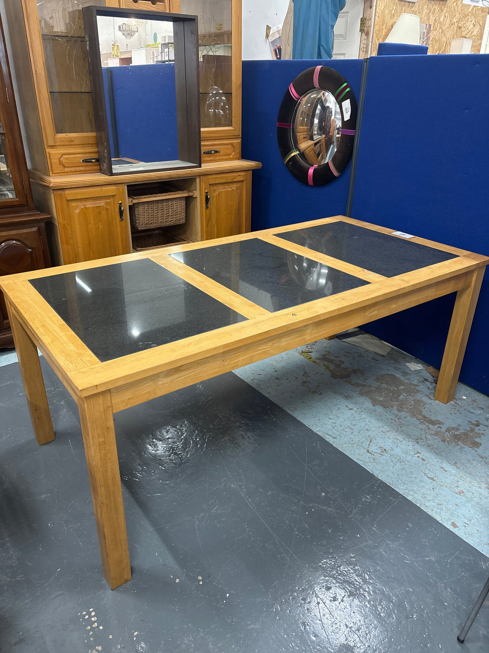 Hardwood large rectangular kitchen table with black granite inserts