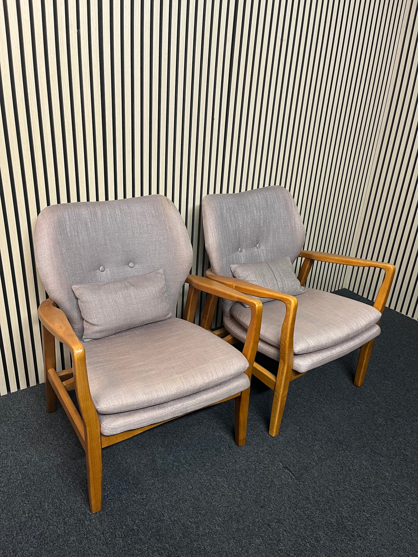 Retro armchairs, solid wood, light brown fabric 2325