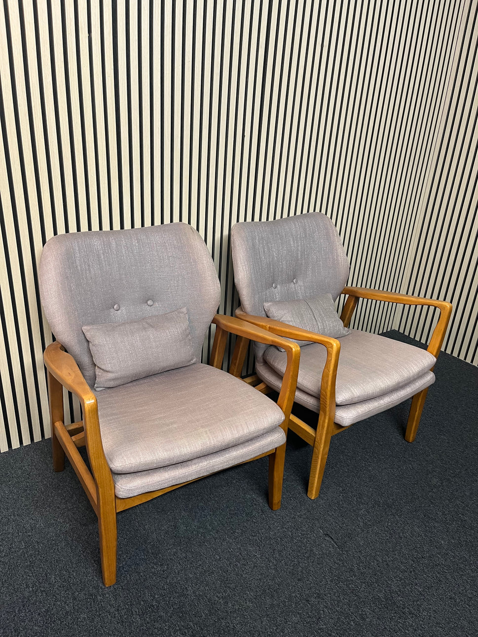 Retro armchairs, solid wood, light brown fabric 2325