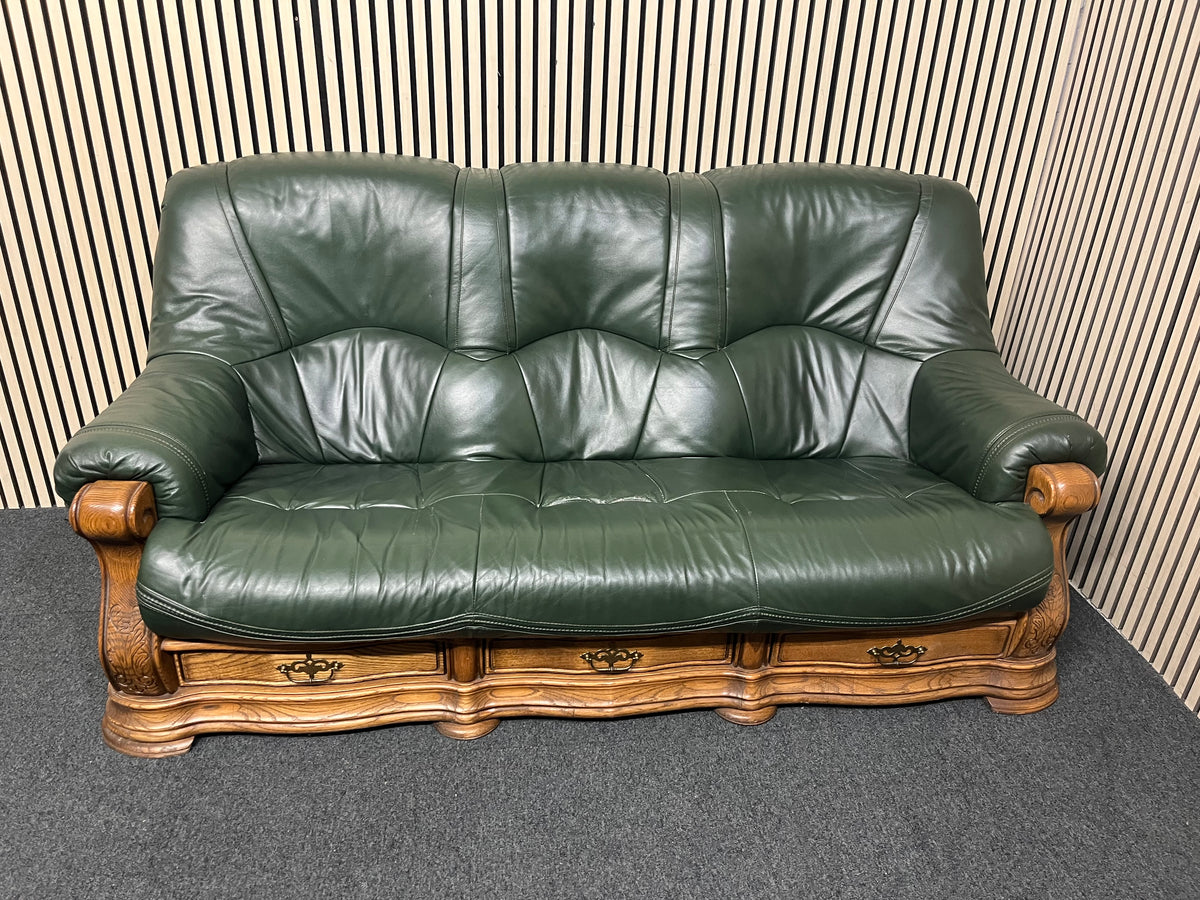 3+2+1 Dark green leather, solid oak framed sofa suite with base drawers  44385