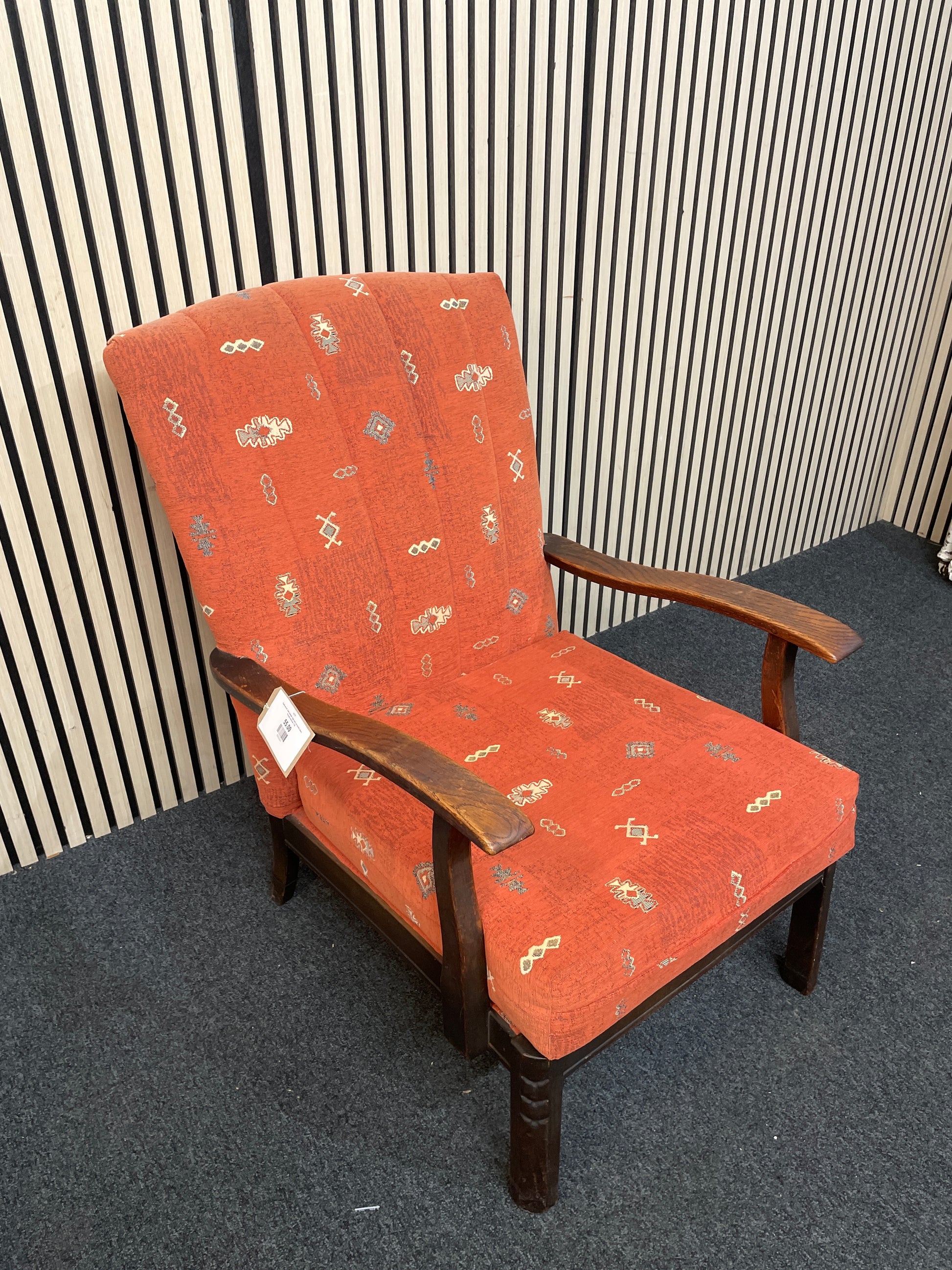 Solid wood, dark stained, high back terracotta fabric fireside armchair 1126