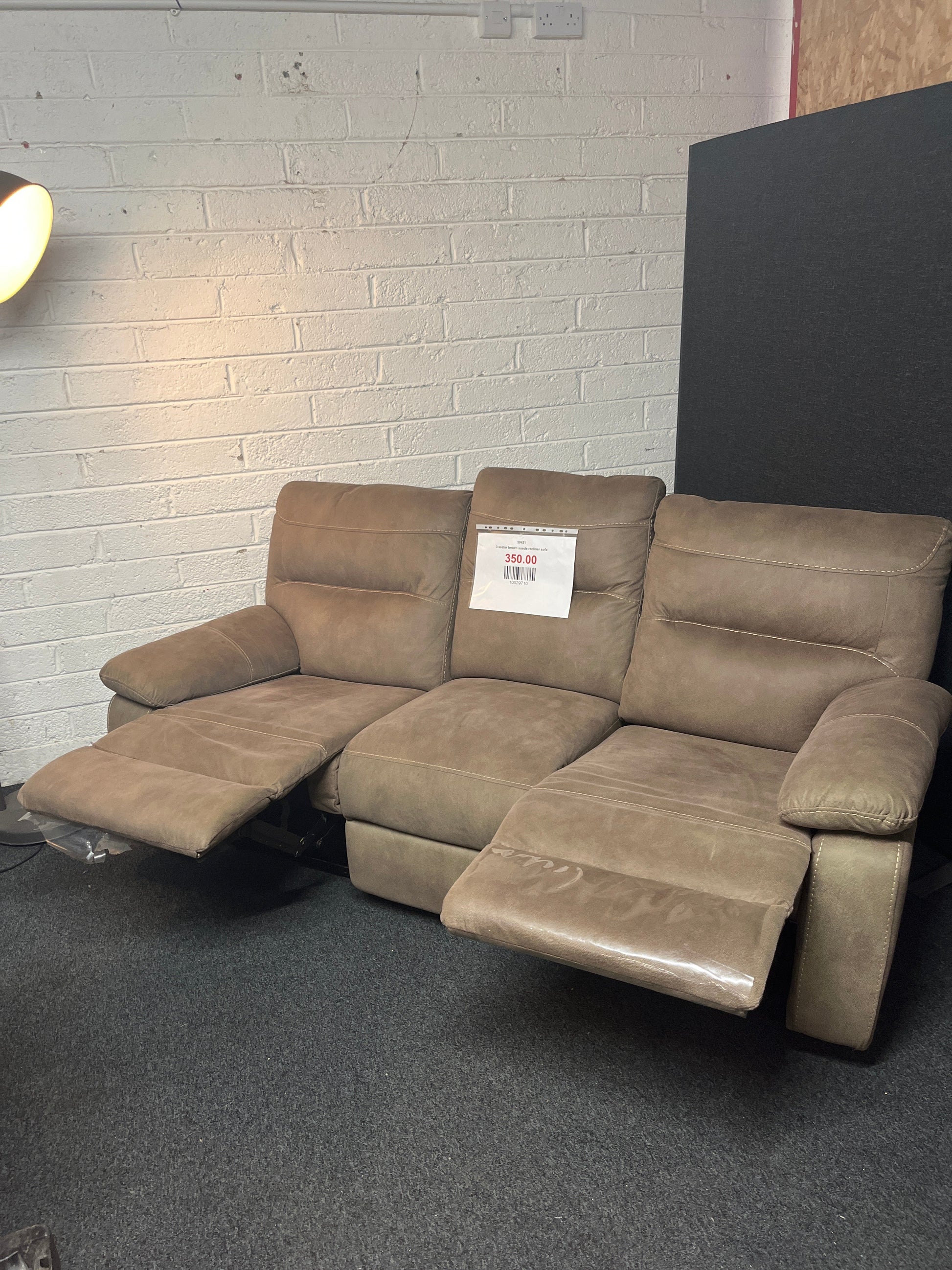 3 seater brown suede recliner sofa