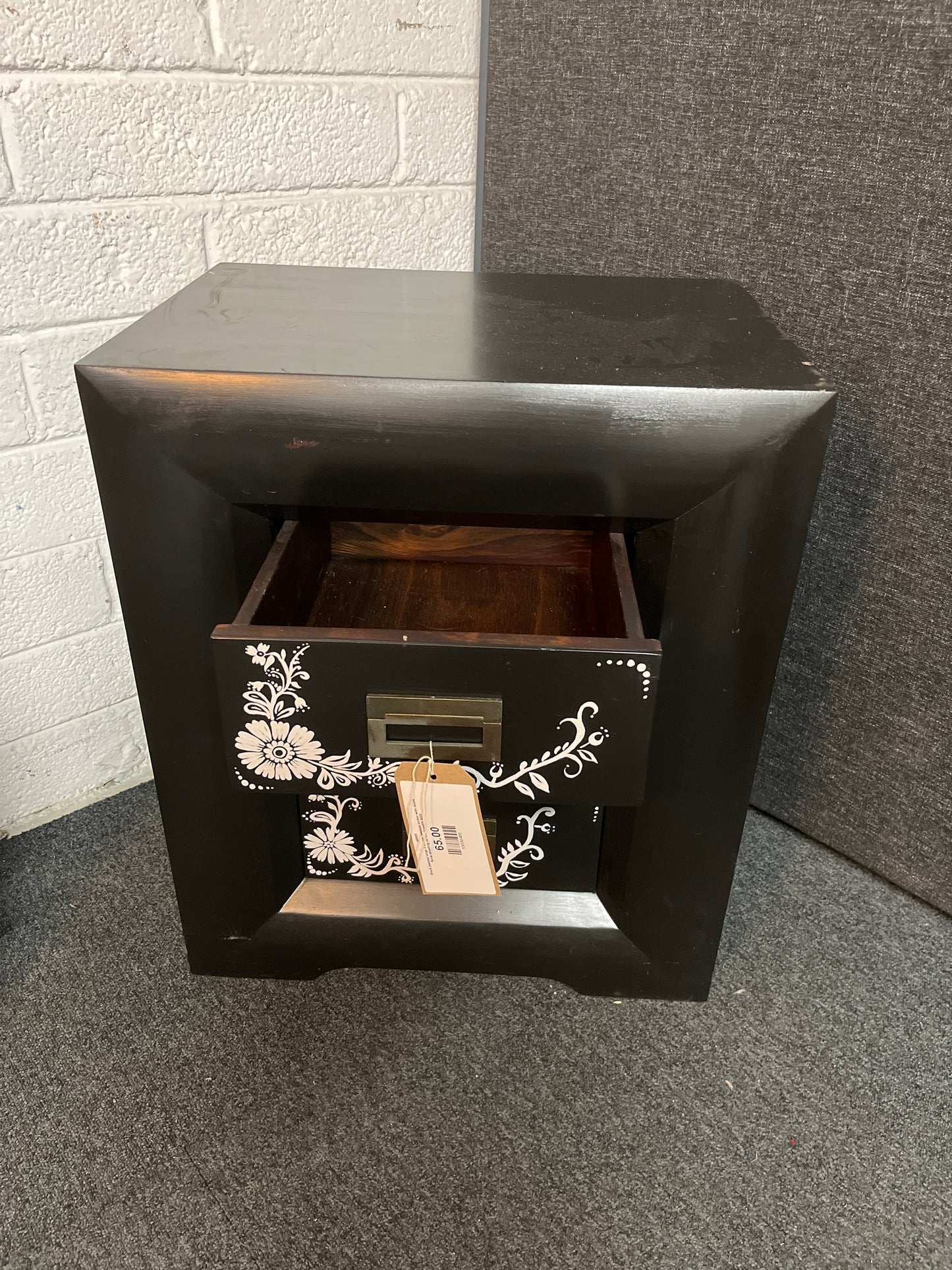 Black painted large 3 drawer bedside locker with black floral detailing on the drawers 3225