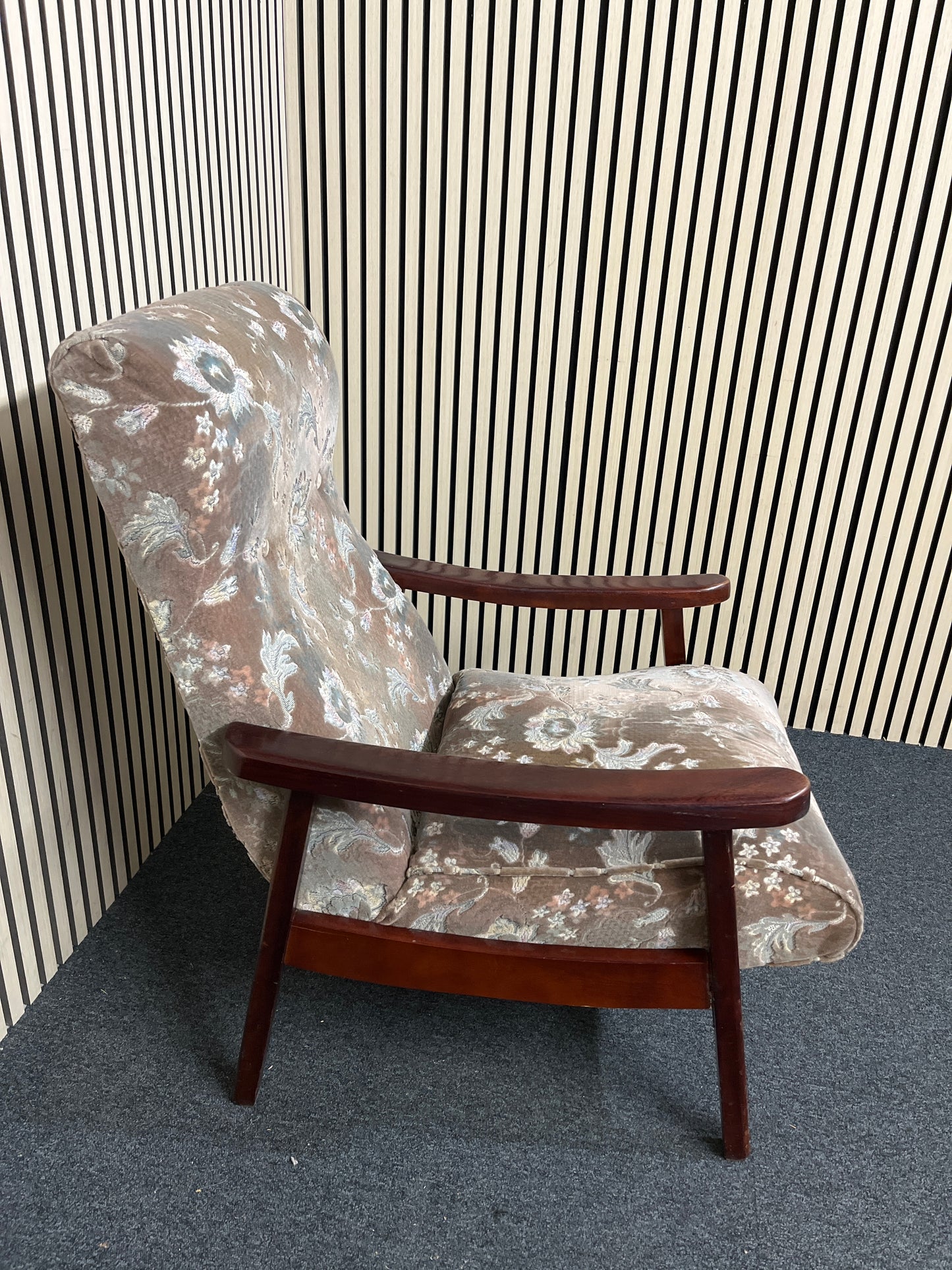 Low Fireside fabric chair with fabric and dark wood arms 2425
