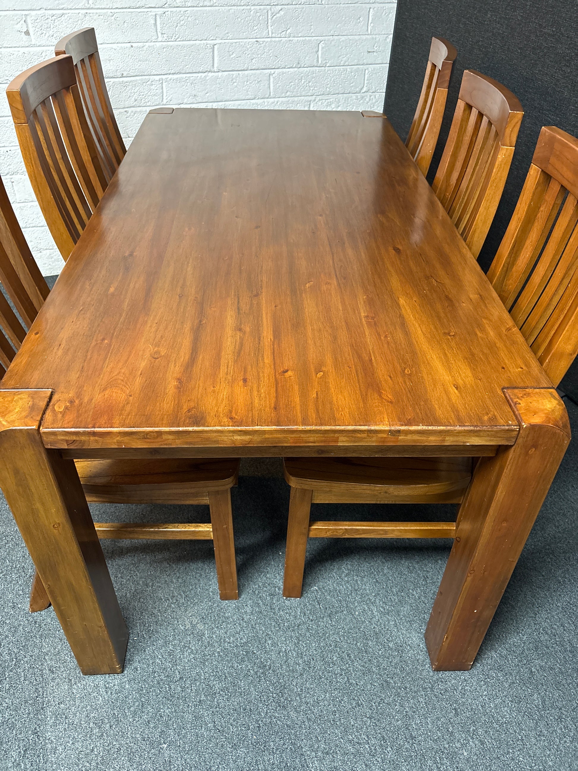 Solid teak hardwood dining table with 6 no. solid wood chairs 1800Lx900W 2225