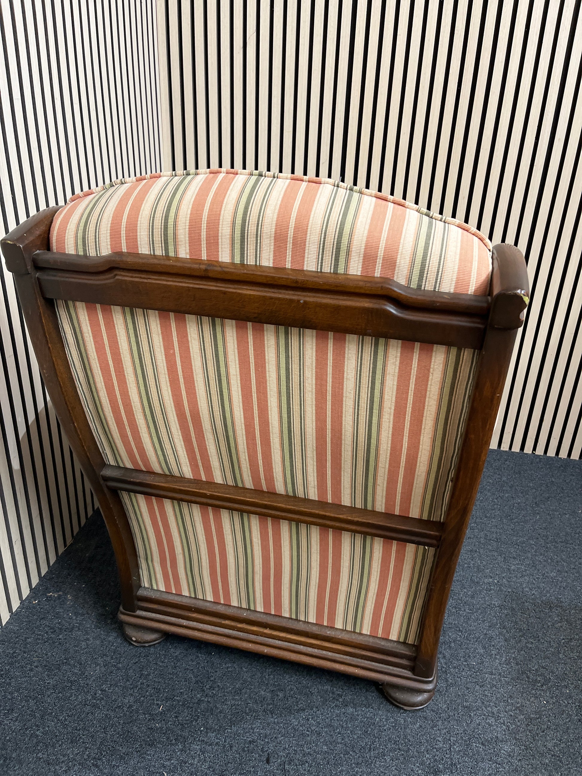 High back solid beech stained framed fireside armchair with stripe fabric seat and back.  3126