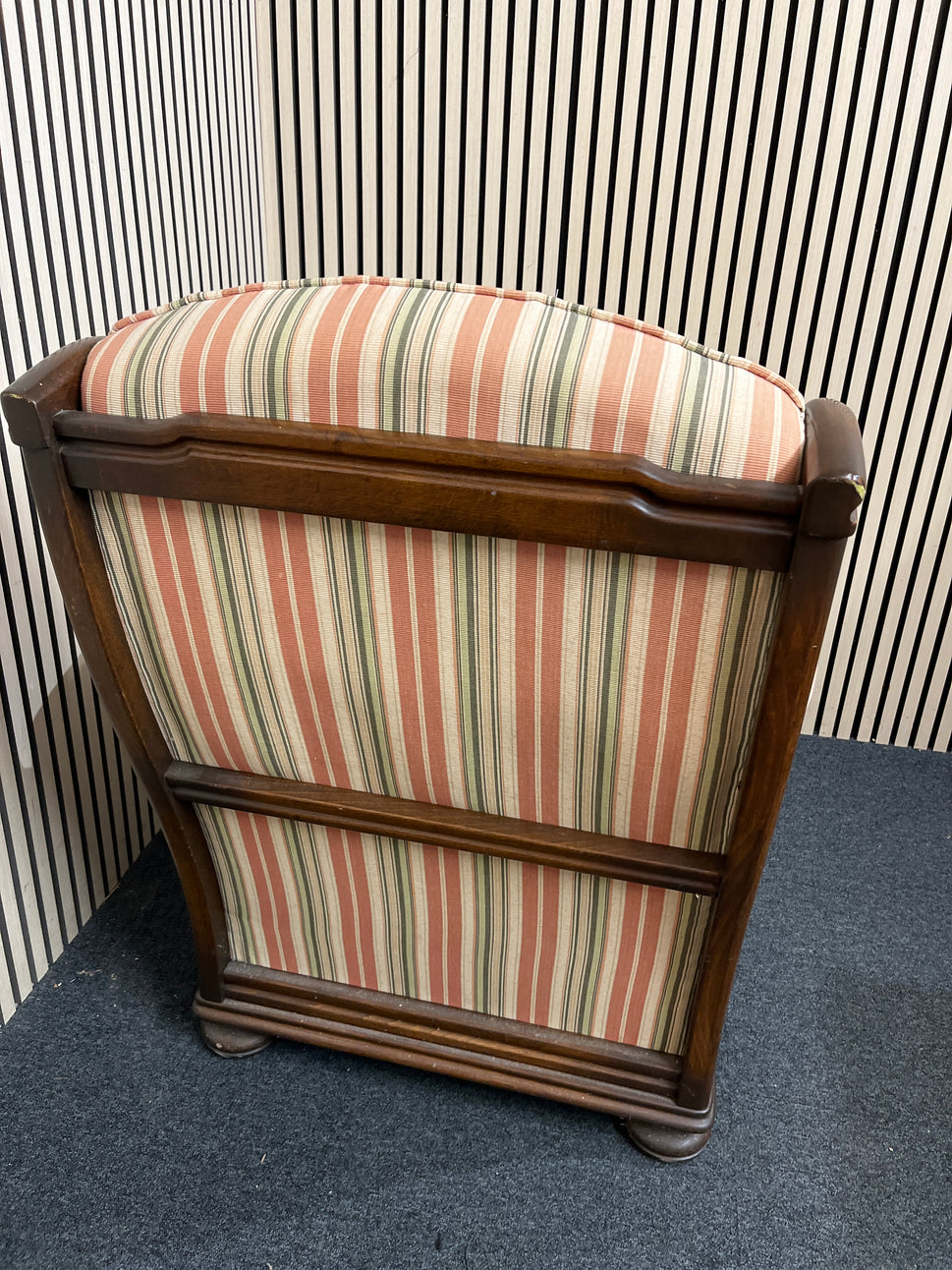 High back solid beech stained framed fireside armchair with stripe fabric seat and back.  3126