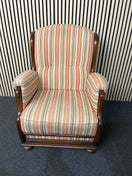 Switch High back solid beech stained framed fireside armchair with stripe fabric seat and back.  3126 2 image