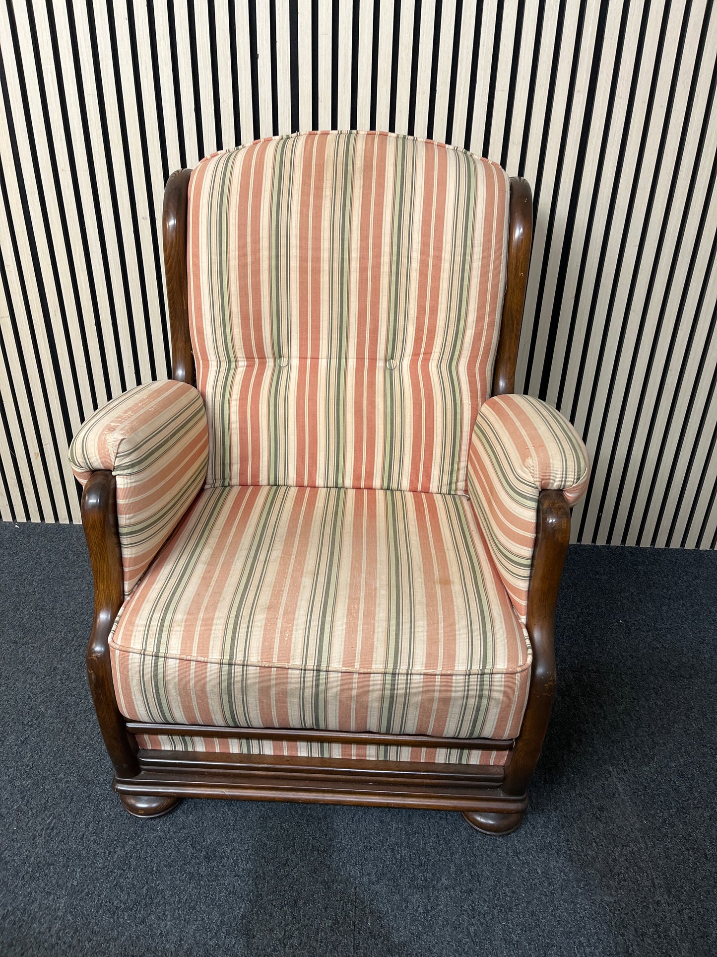 High back solid beech stained framed fireside armchair with stripe fabric seat and back.  3126