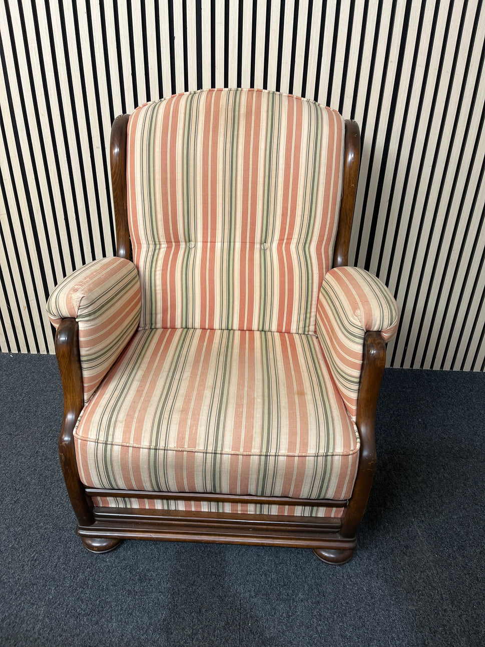 High back solid beech stained framed fireside armchair with stripe fabric seat and back.  3126