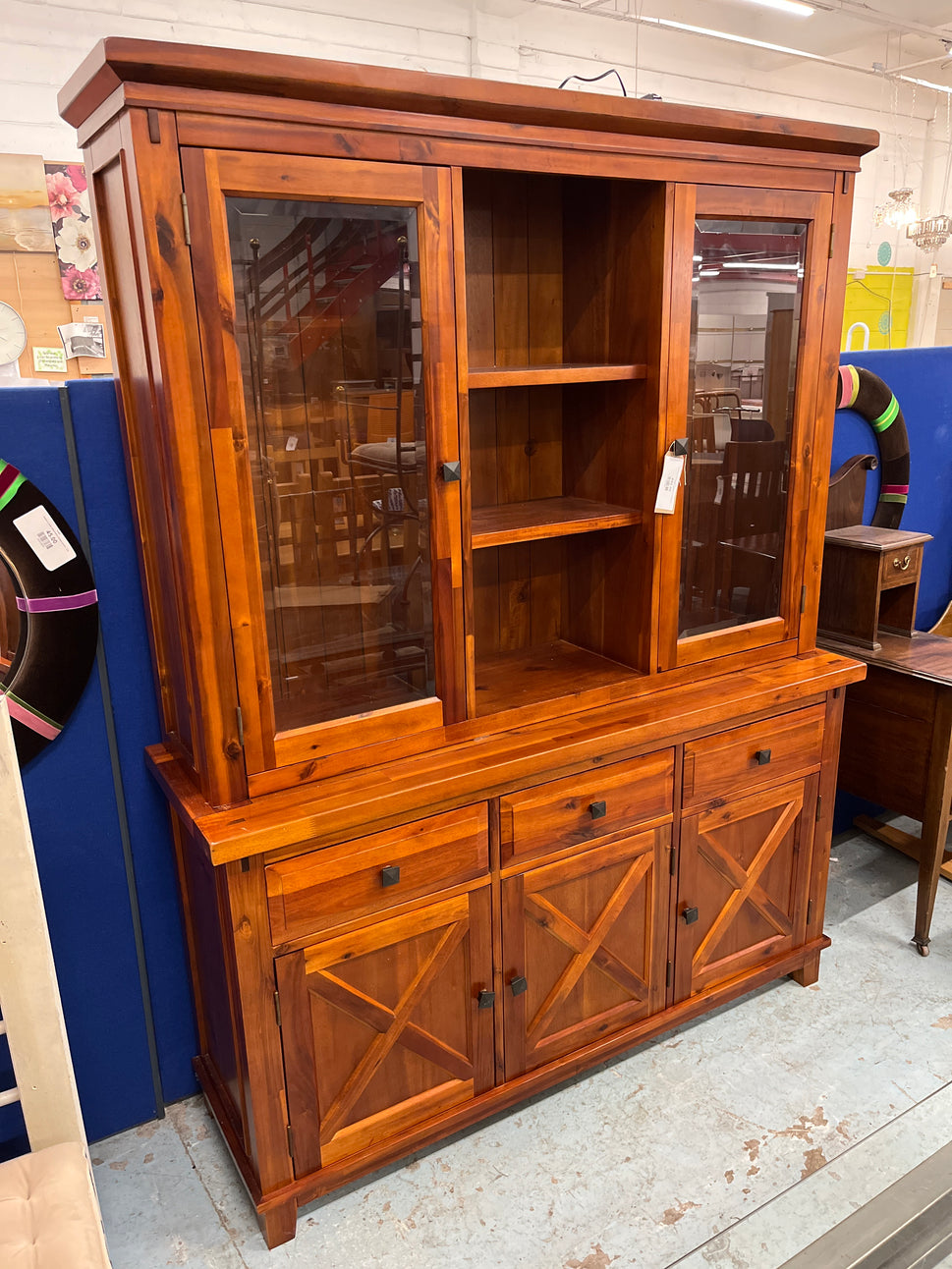 Tall solid dark wood stained 2 glass door 3 drawer glass display unit 2125
