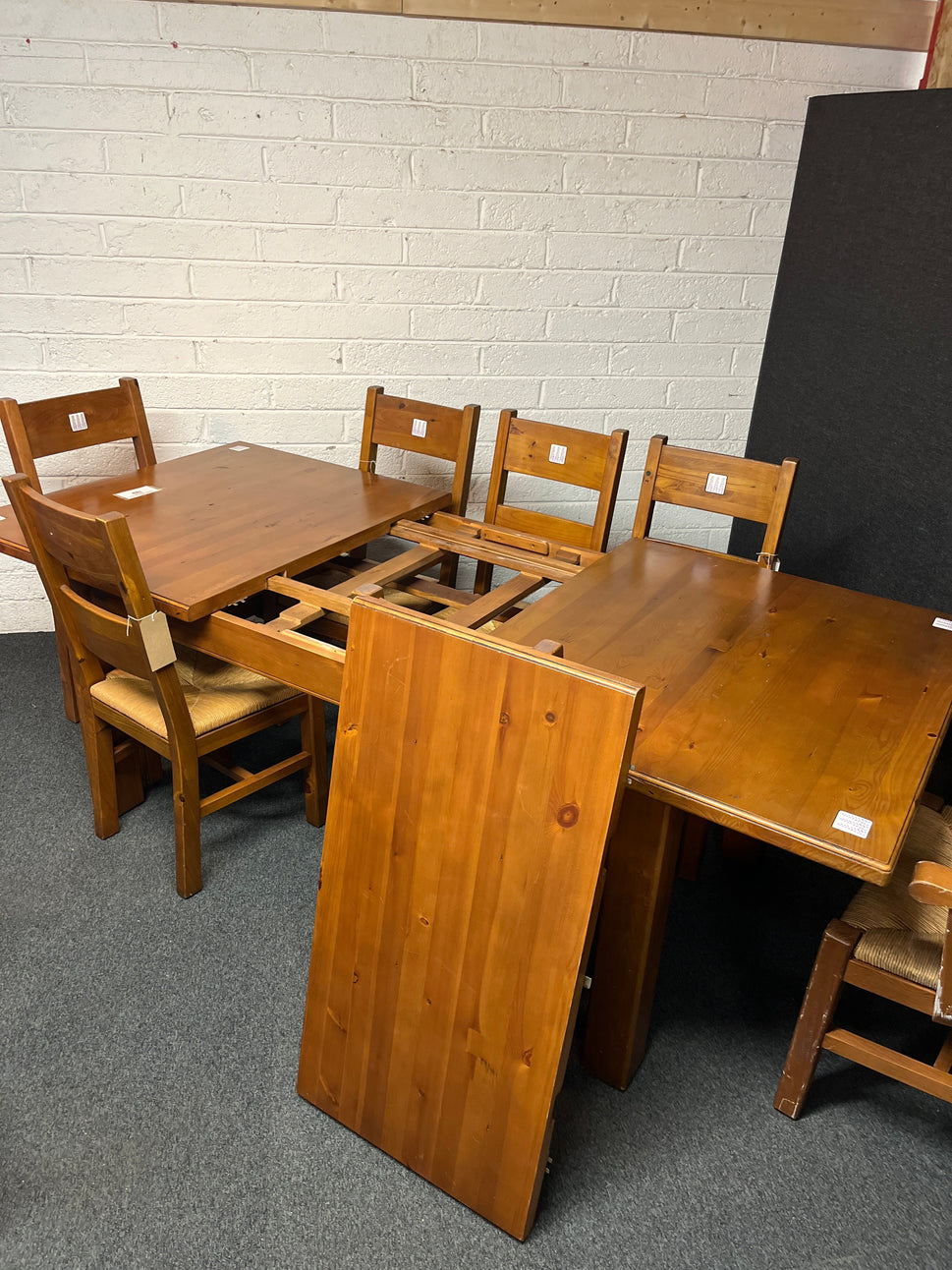 Pine extendable kitchen table (L 168 - 218 x W 100 cm) with 6 no. matching chairs with rattan seat cushion 2225