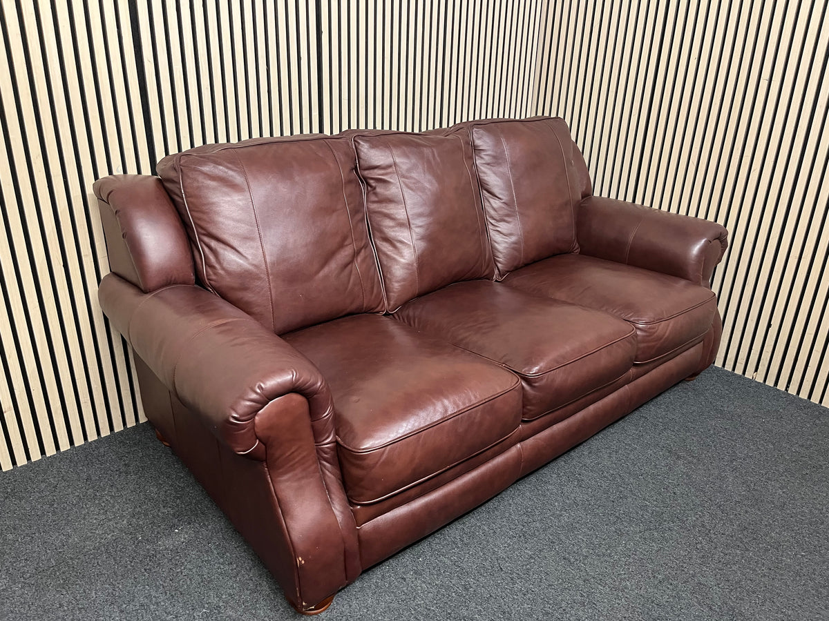 A classic dark brown leather 2+3 seater sofa suite with rolled arms  44386