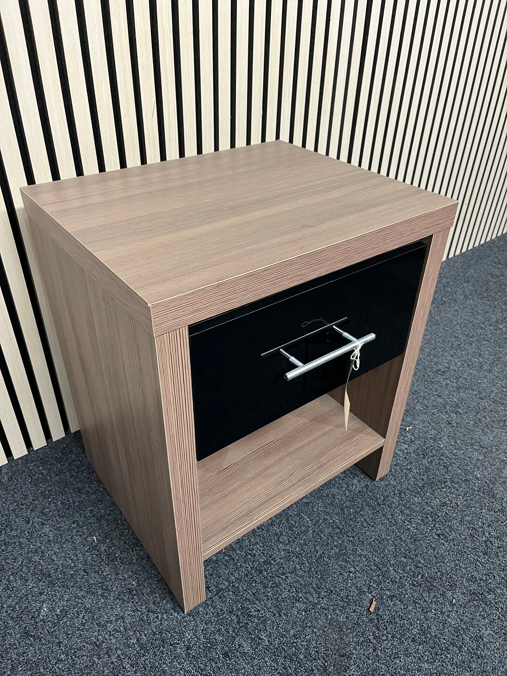 Black gloss and oak laminate 1 drawer bedside locker