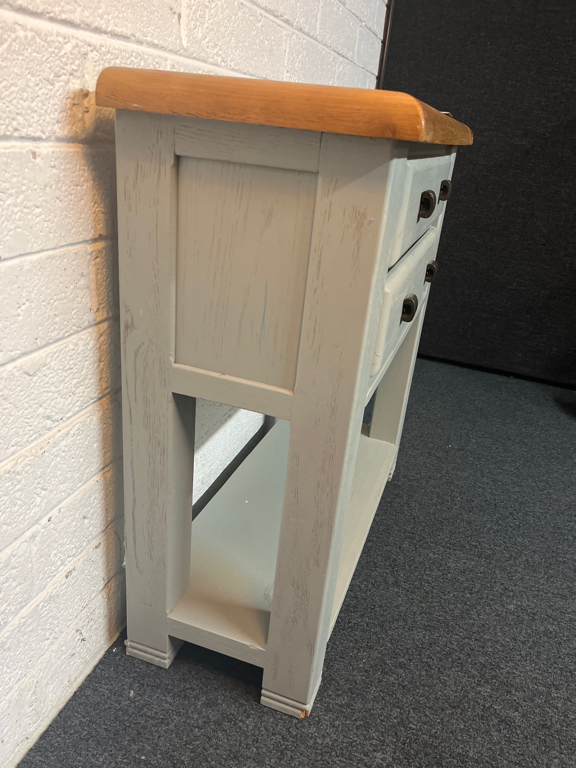 Solid oak top, grey painted frame 2 drawer console table (H 93 x W 90 x D 36 cm) 2225