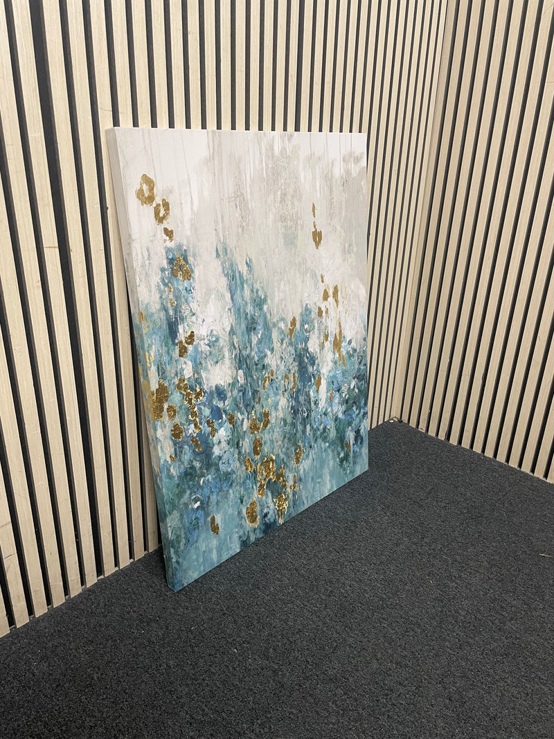 Large vertical canvas featuring abstract teal, grey, and gold textures.  44700
