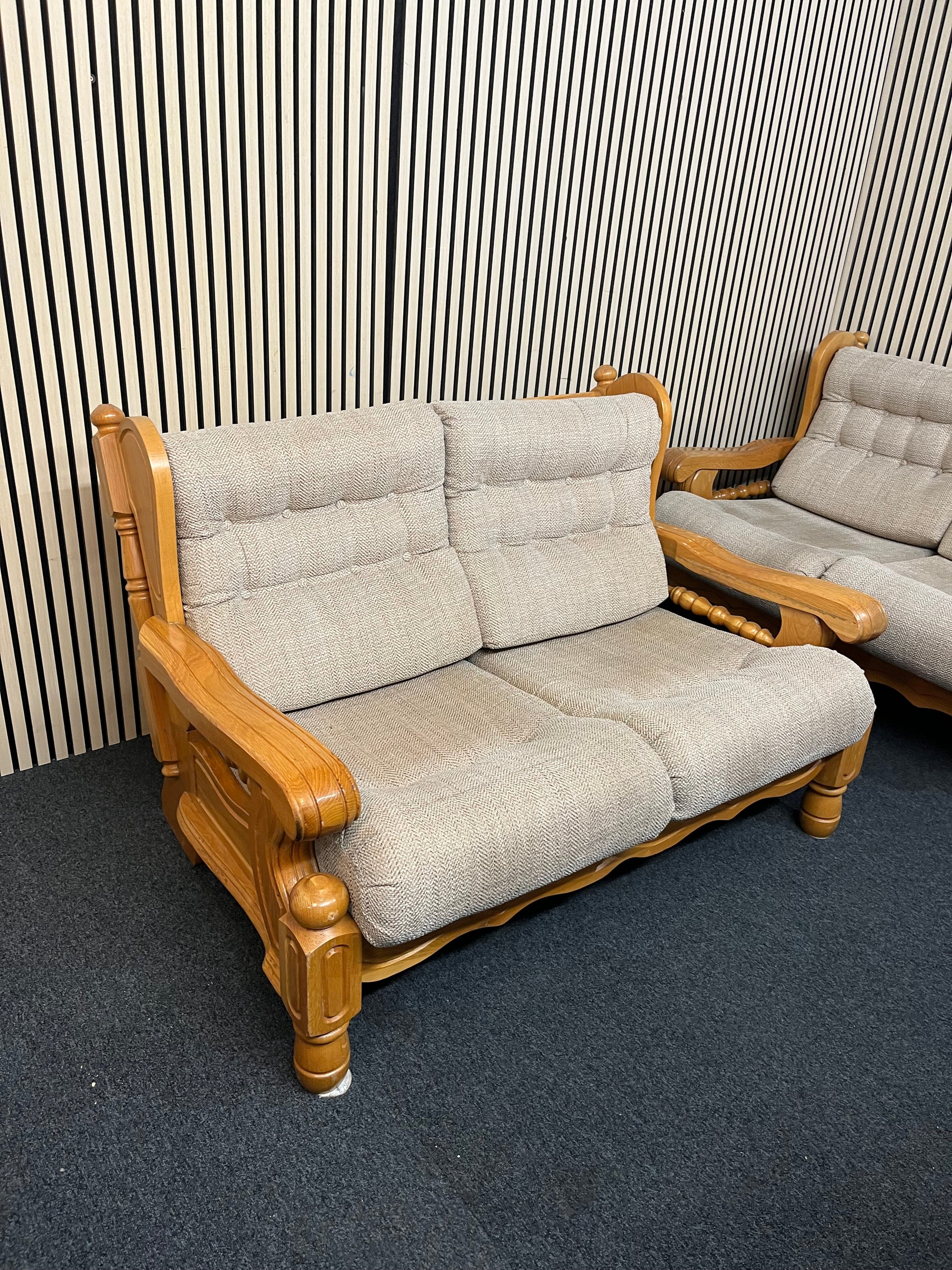 Solid Dutch Oak framed 2 seater sofa with light brown fabric cushions (Imported from South Africa) 2425