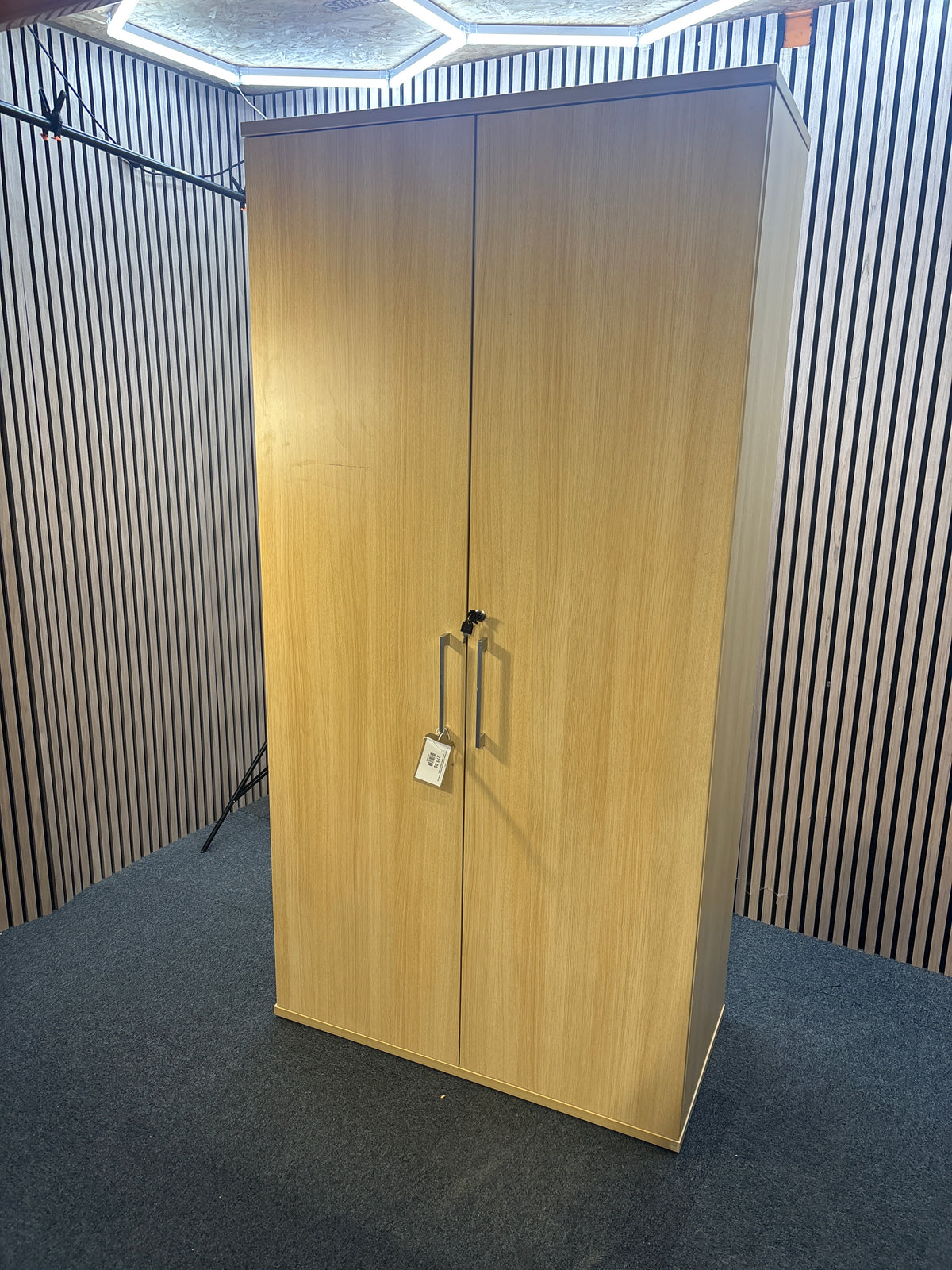 Tall 2 door storage unit with internal shelves in white oak laminate 200Hx100Wx50D  J3914