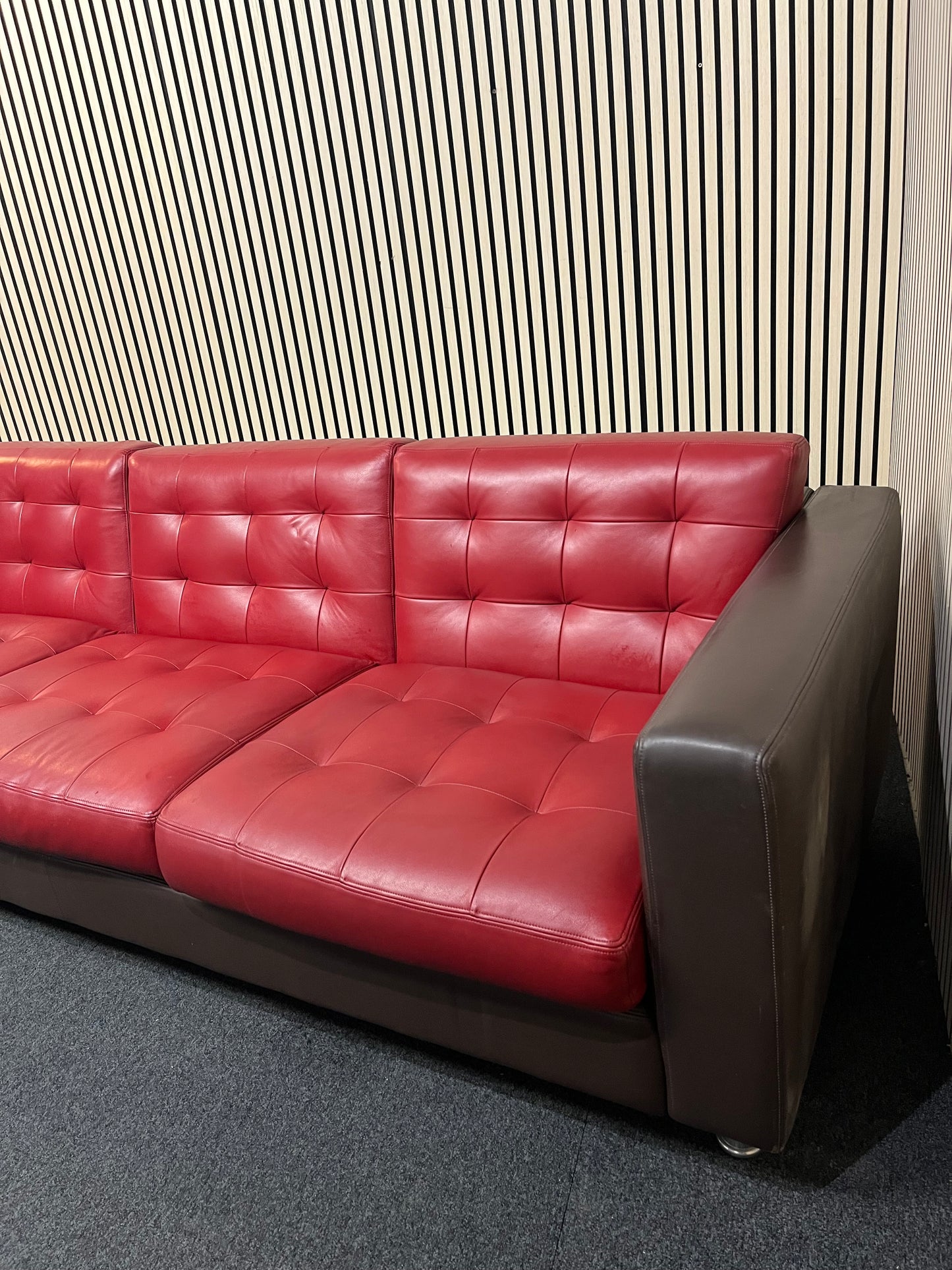 Real brown leather framed large 3 seater with wine leather button back cushions (230 cm wide) EX WINDMILL LANE  3325