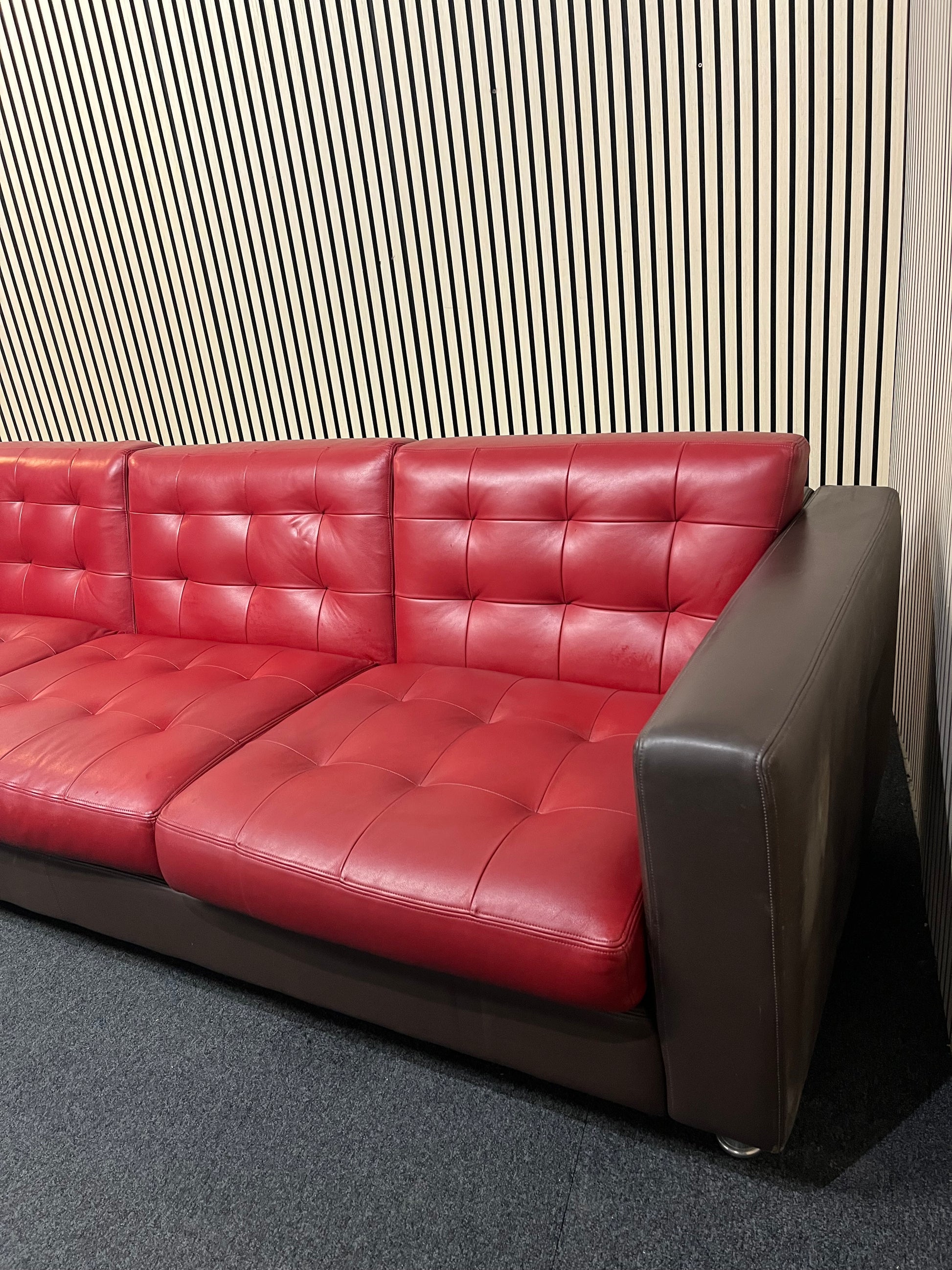 Real brown leather framed large 3 seater with wine leather button back cushions (230 cm wide) EX WINDMILL LANE  3325
