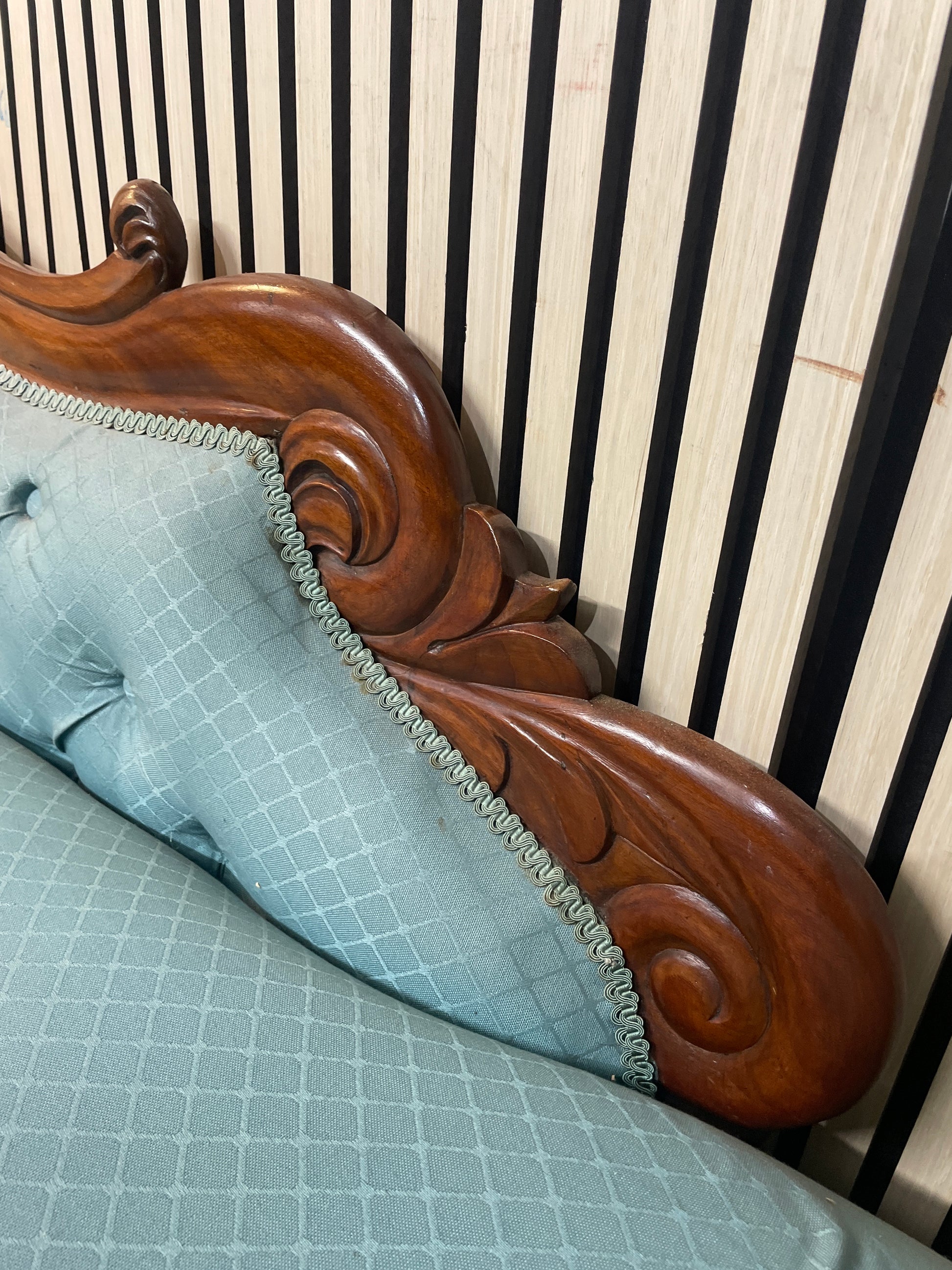 Ornate solid dark wood stained chaise lounge in green pastel fabric, ideal for upholstery 2425