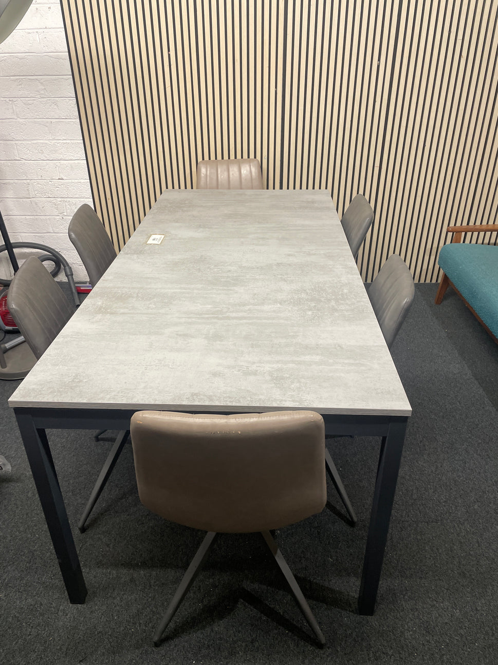 Large dark graphite extendable dining table on a metal frame (L 130 - 191 x W 90 cm) with Tripod base metal dining chairs with letterette seat 1126