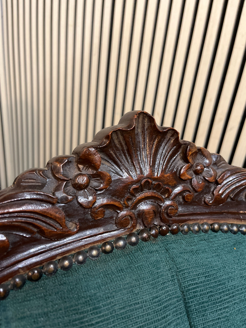 3+1+1 ornate mahogany framed wing back suite in dark green button back fabric 3126