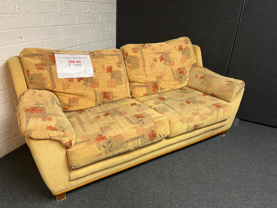 3+1+1 mustard fabric, mixed pattern sofa suite in excellent condition  1225