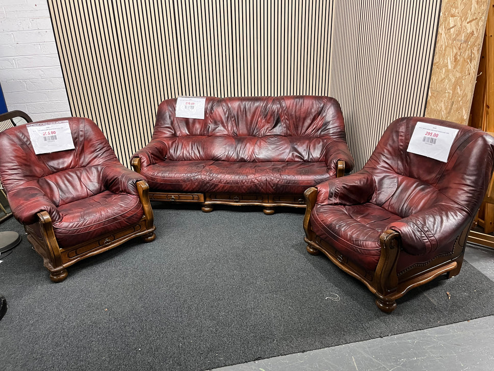 3+1+1 Wine leather solid wood framed suite 1325