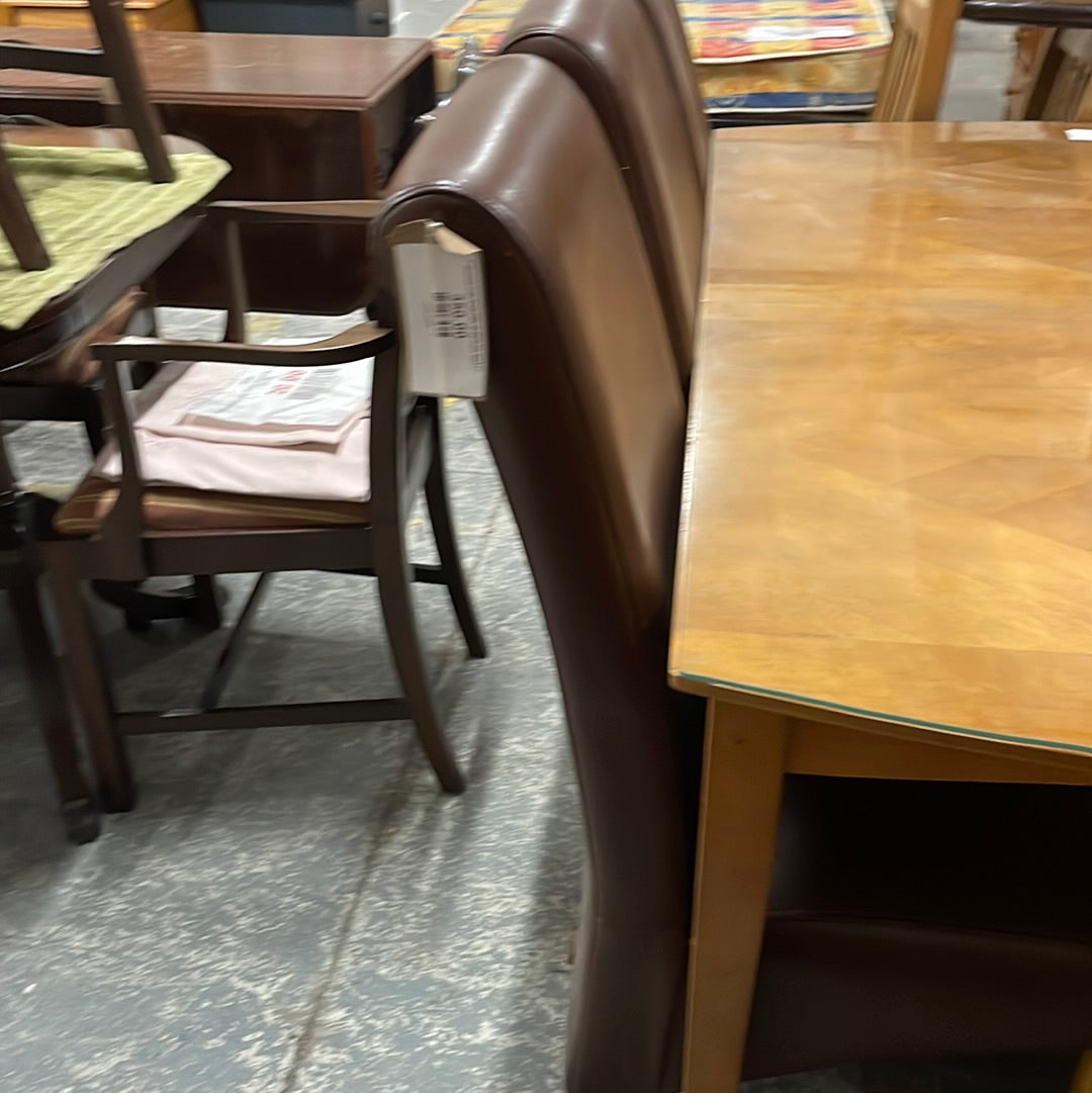 Solid beech large dining table cw glass top and 6 no. matching brown leatherette dining chairs Q4223