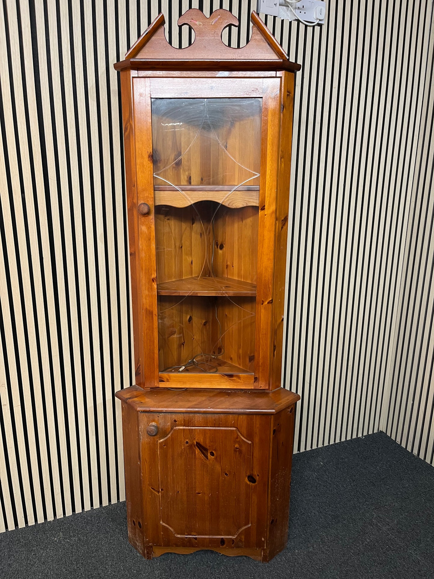 Tall solid pine corner single glass door display unit with base door 1425