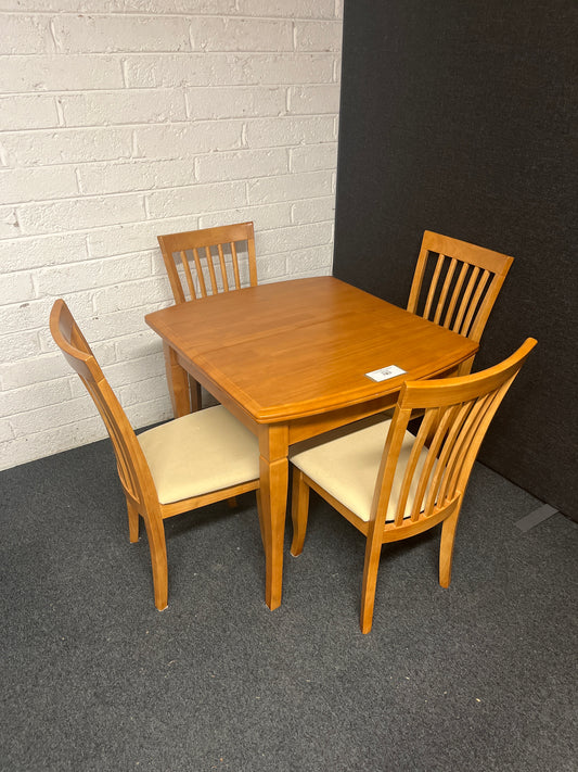 Beech solid wood extendable square dining table with 4 no. high back chairs with cream seat fabric  1225