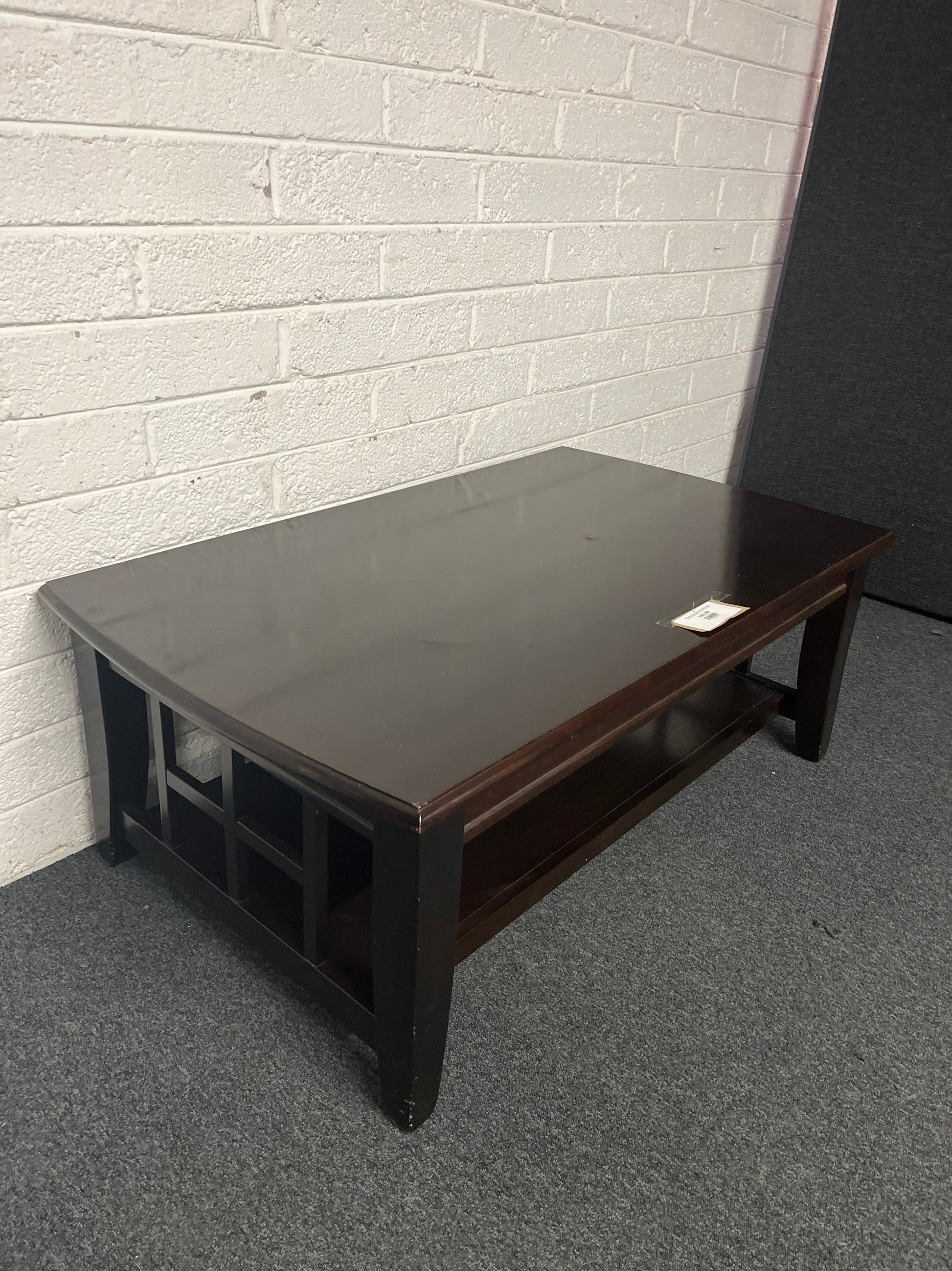 Solid low dark wood stained large rectangular coffee table with drawers (H 53 x W  127 x D 77 cm) 2225