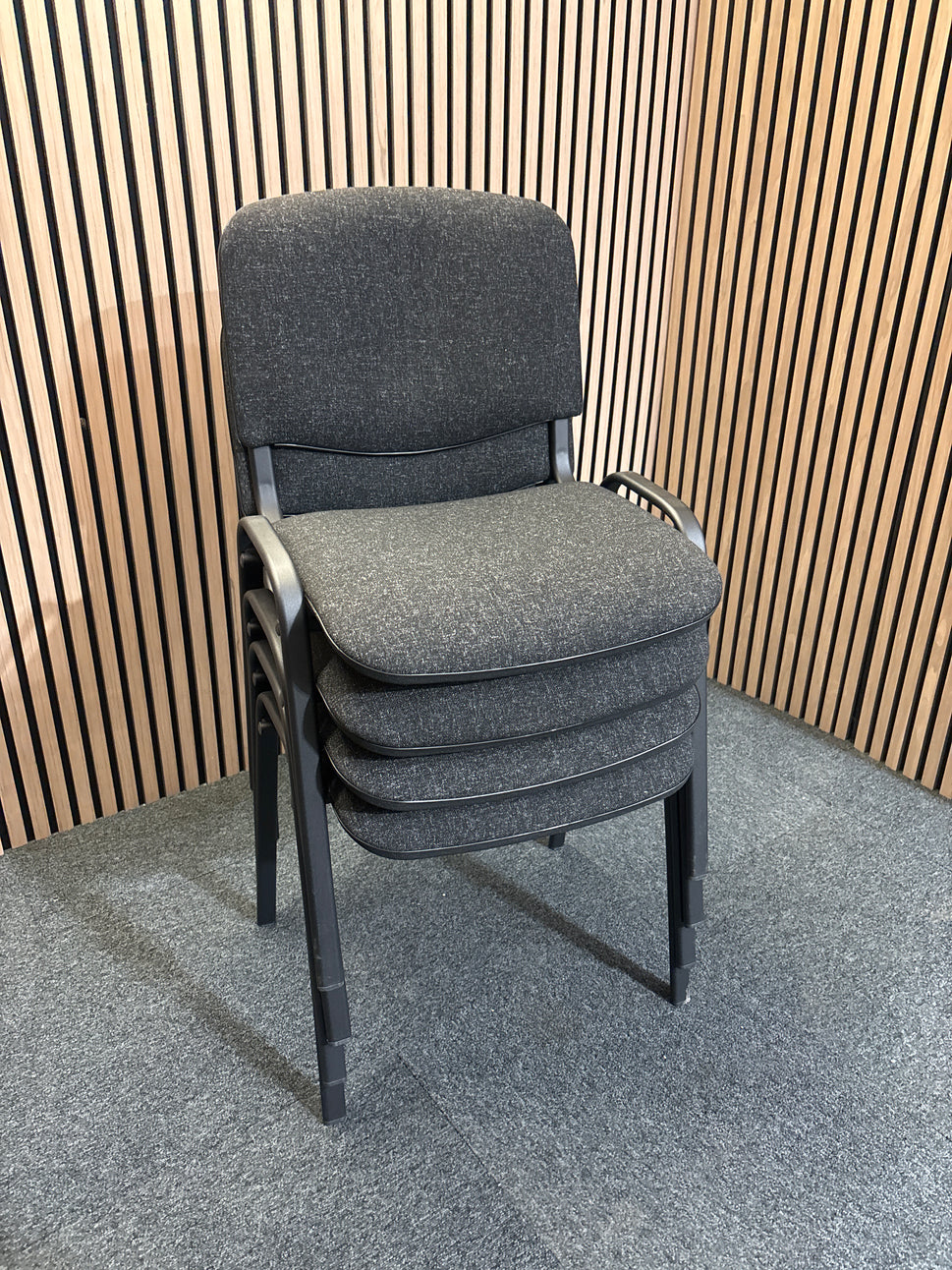 BRAND NEW CHARCOAL metal framed stacking chair with charcoal fabric seat and back.
PRICE INC VAT