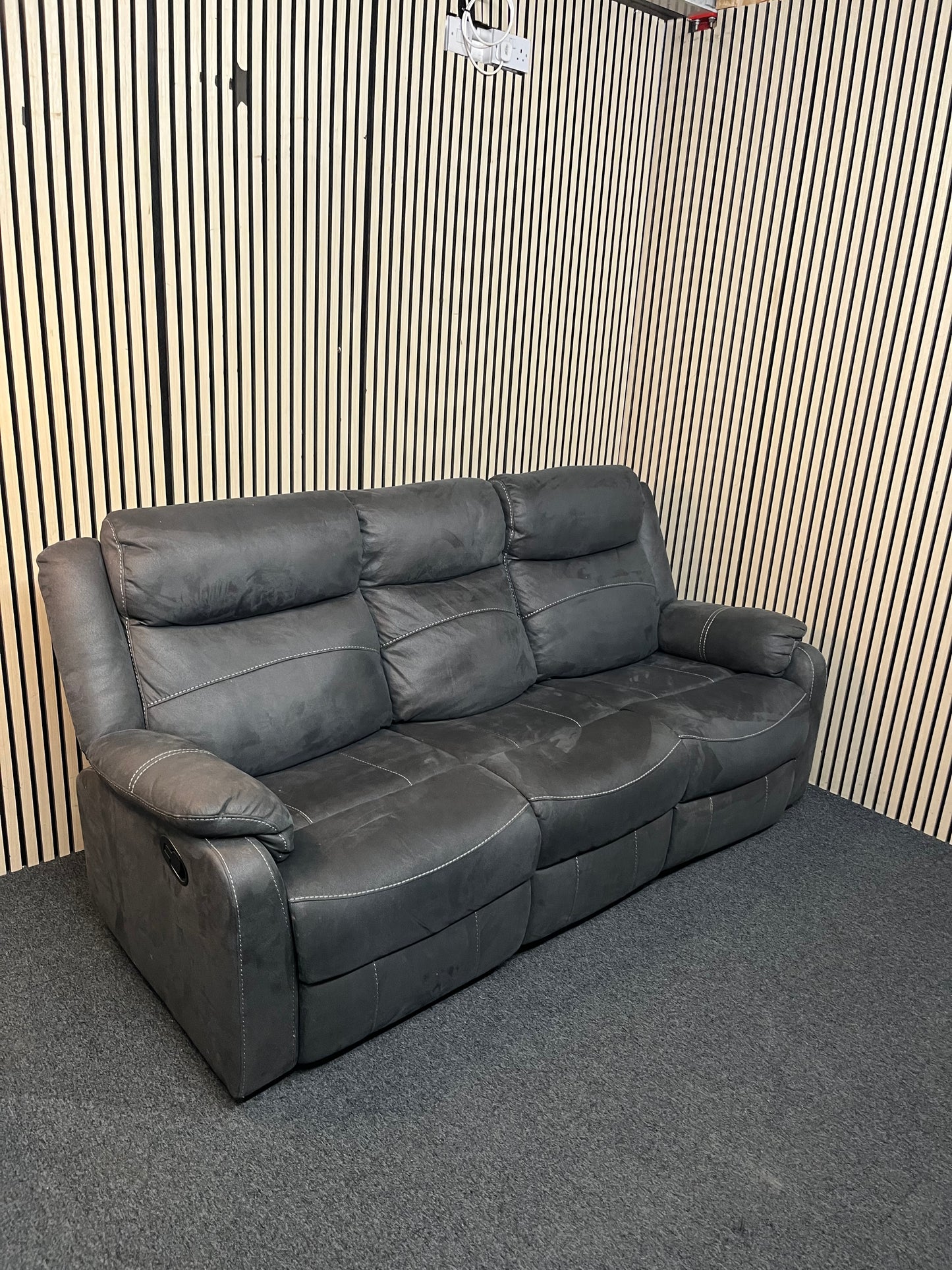 3 seater, dark grey, microfibre recliner sofa. 3126