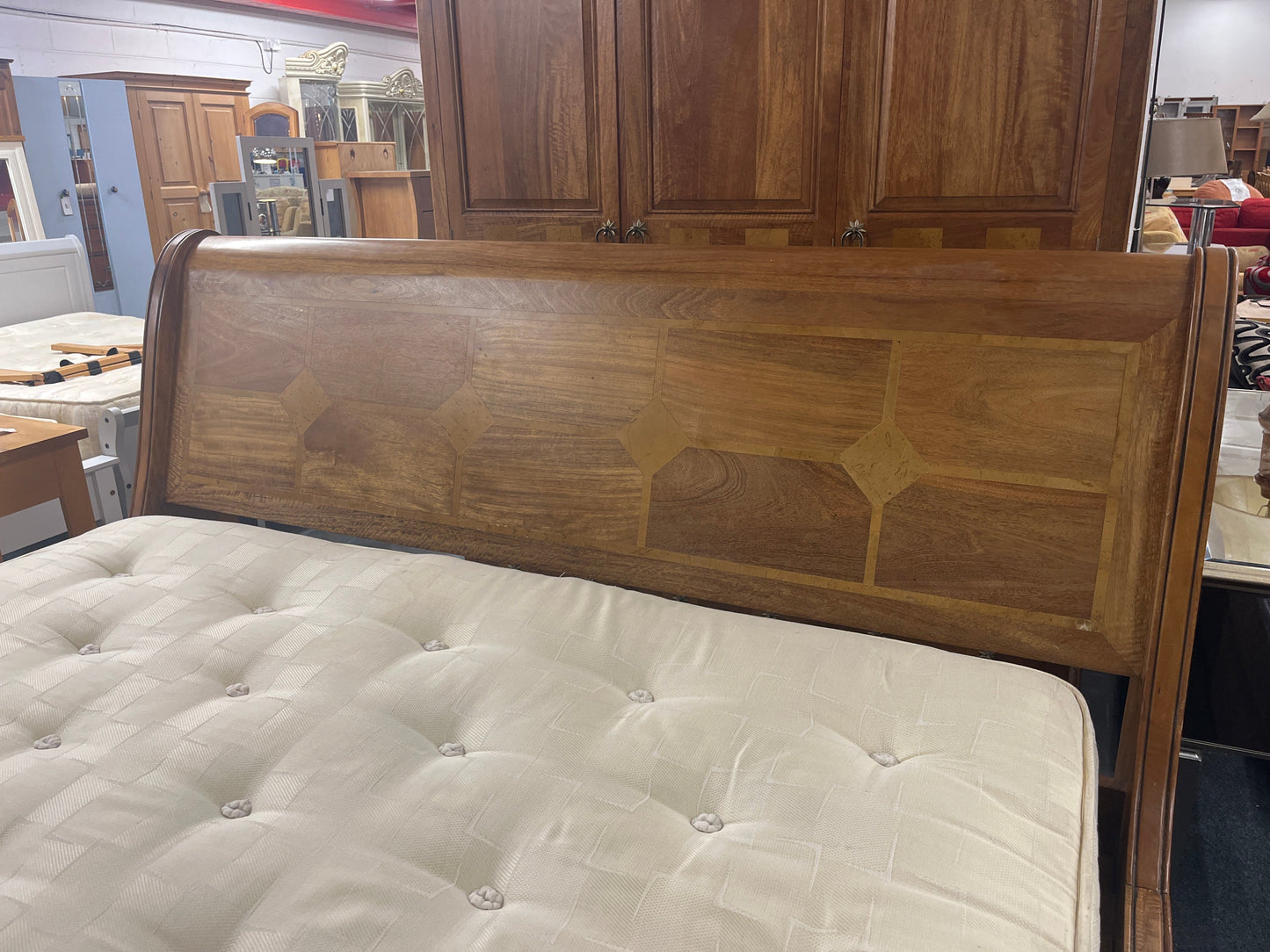 6ft high end mahogany sleigh bed frame with inalid detail. PART OF A SET BUT CAN BE SOLD SEPARATELY 2225