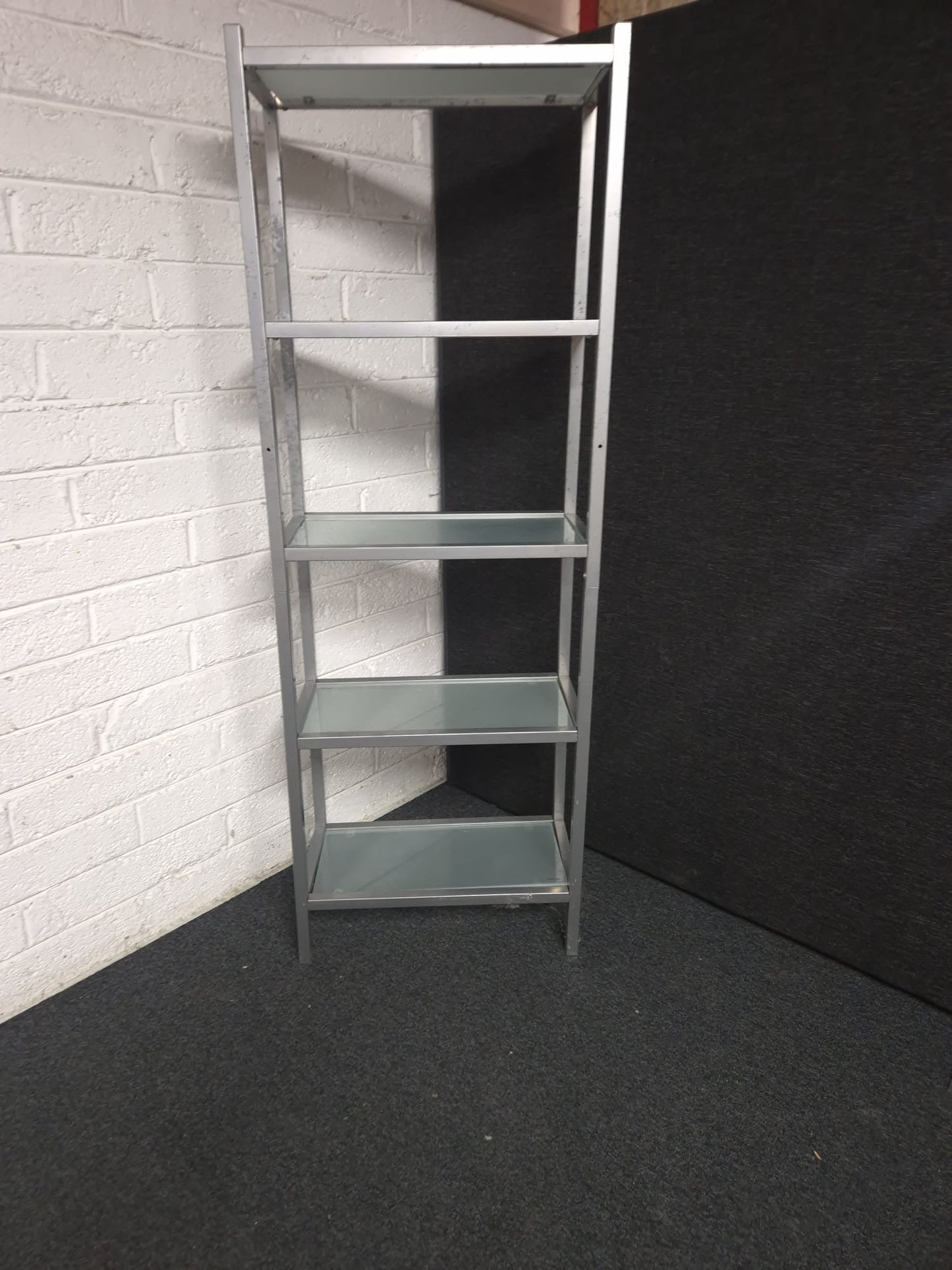 Tall silver metal and glass shelf tiered display unit (H 1700 x W 600 x D 300 mm) 1225