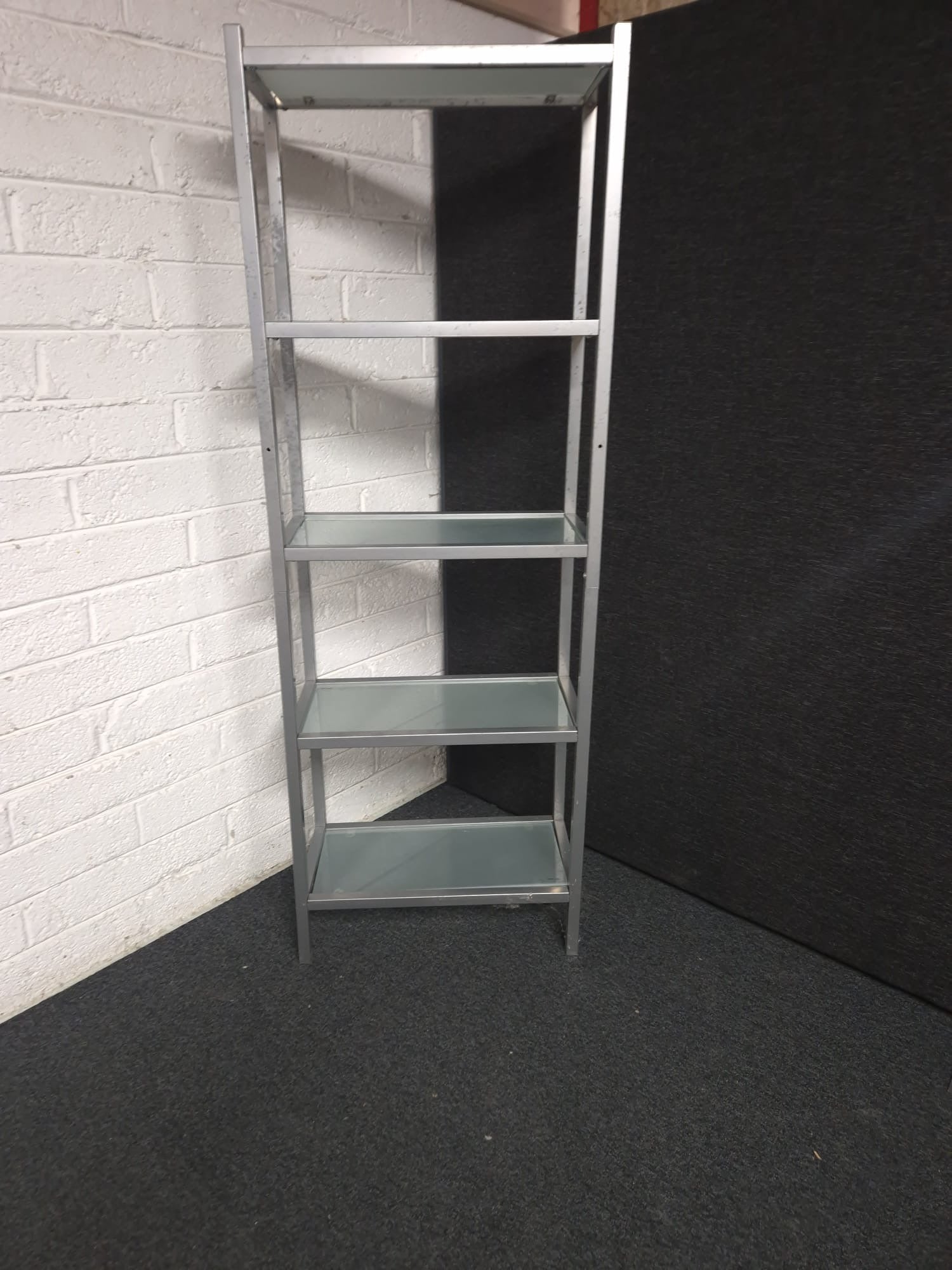 Tall silver metal and glass shelf tiered display unit (H 1700 x W 600 x D 300 mm) 1225