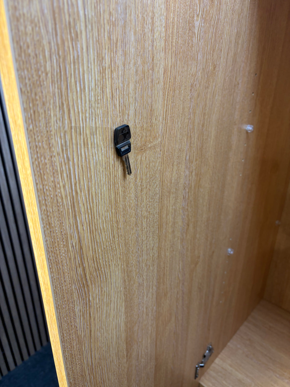 Tall oak 2 door storage unit with internal wooden shelves and key 180Hx47Dx80W  J3927