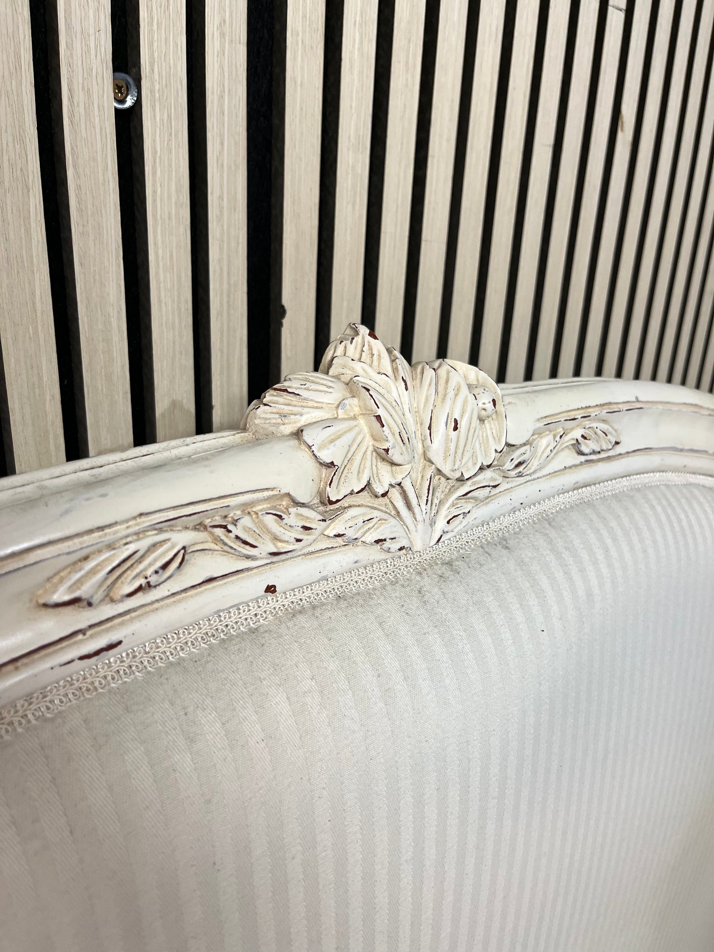Louis XVI solid wood frame upholstered white fabric bedframe with set of 2 matching ornate white 2 drawer solid wood lockers  43522