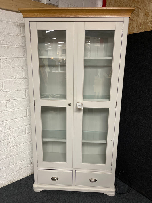 Tall grey painted 2 door glass display unit with natural oak top pelmet and base storage (H 1920 x W 1000 x D 360 mm) 1225