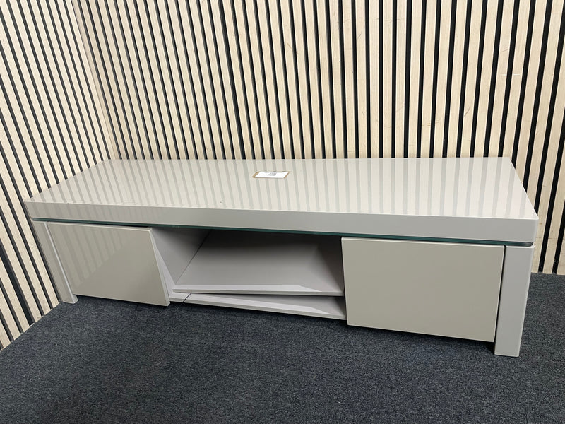 Modern grey gloss TV unit with glass top and shelving, height  41 cm, width 150 cm, depth 55 cm  44705