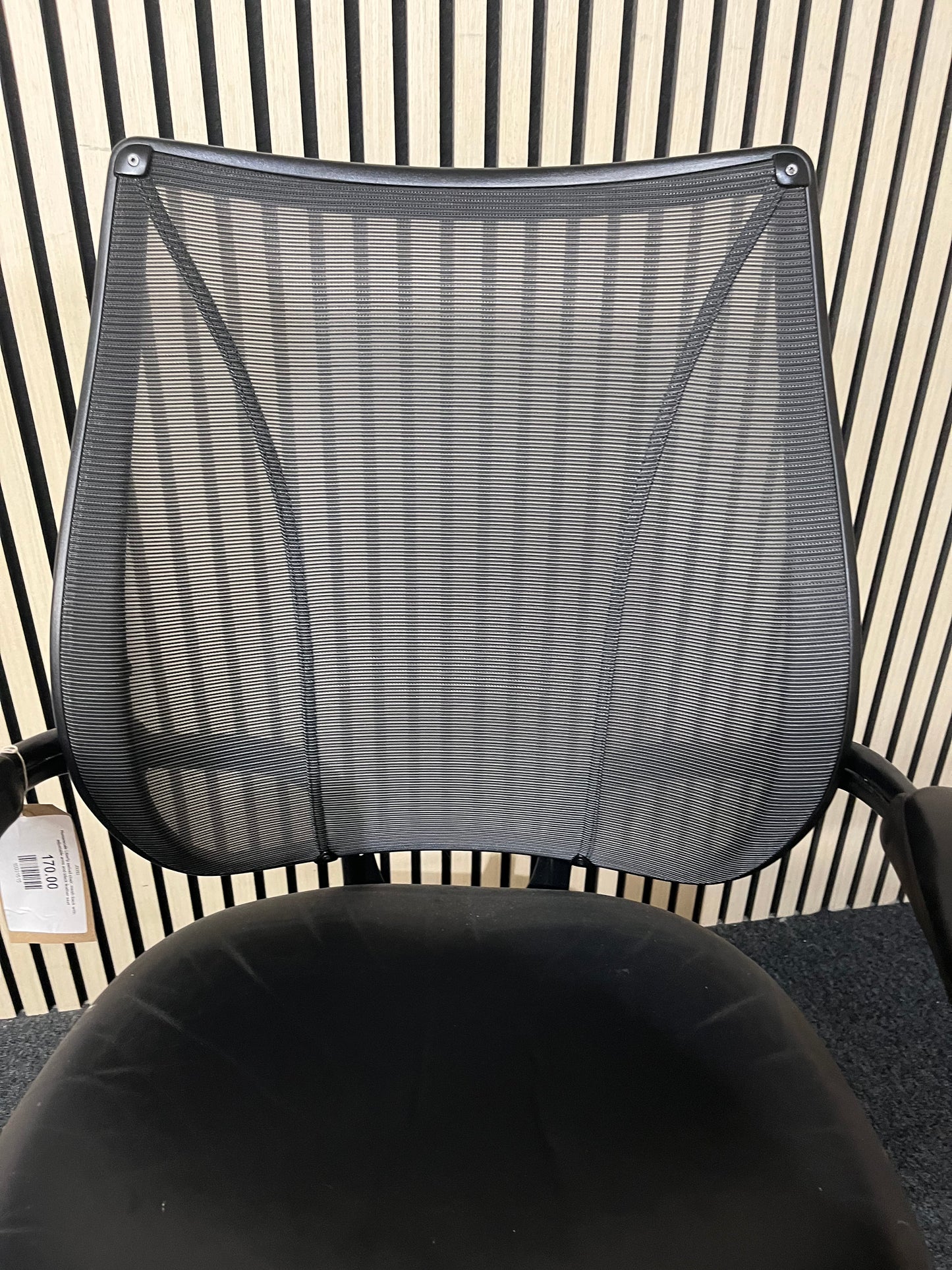 Humanscale Liberty swivel chair, mesh back with adjustable arms and black leather seat