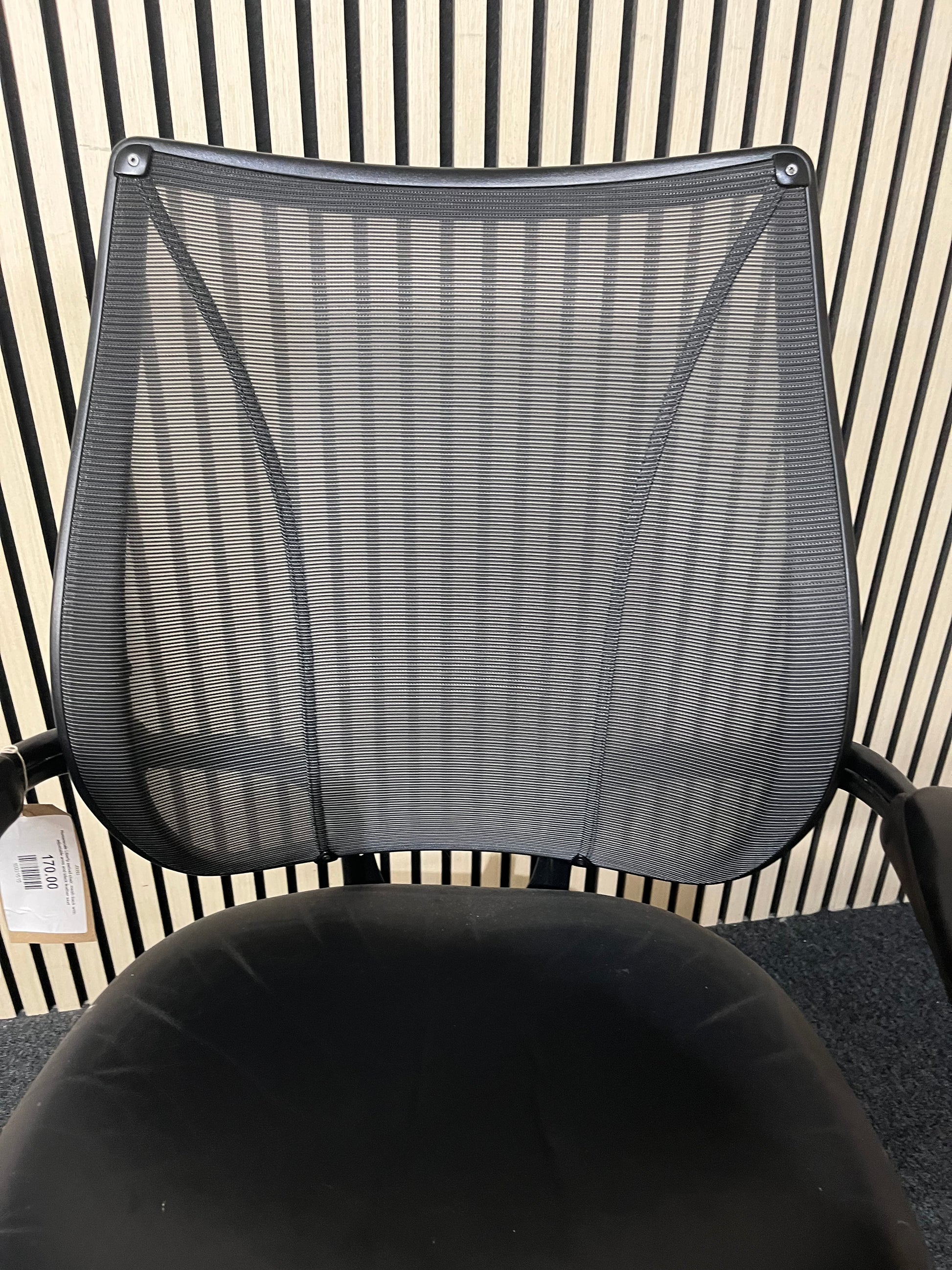 Humanscale Liberty swivel chair, mesh back with adjustable arms and black leather seat